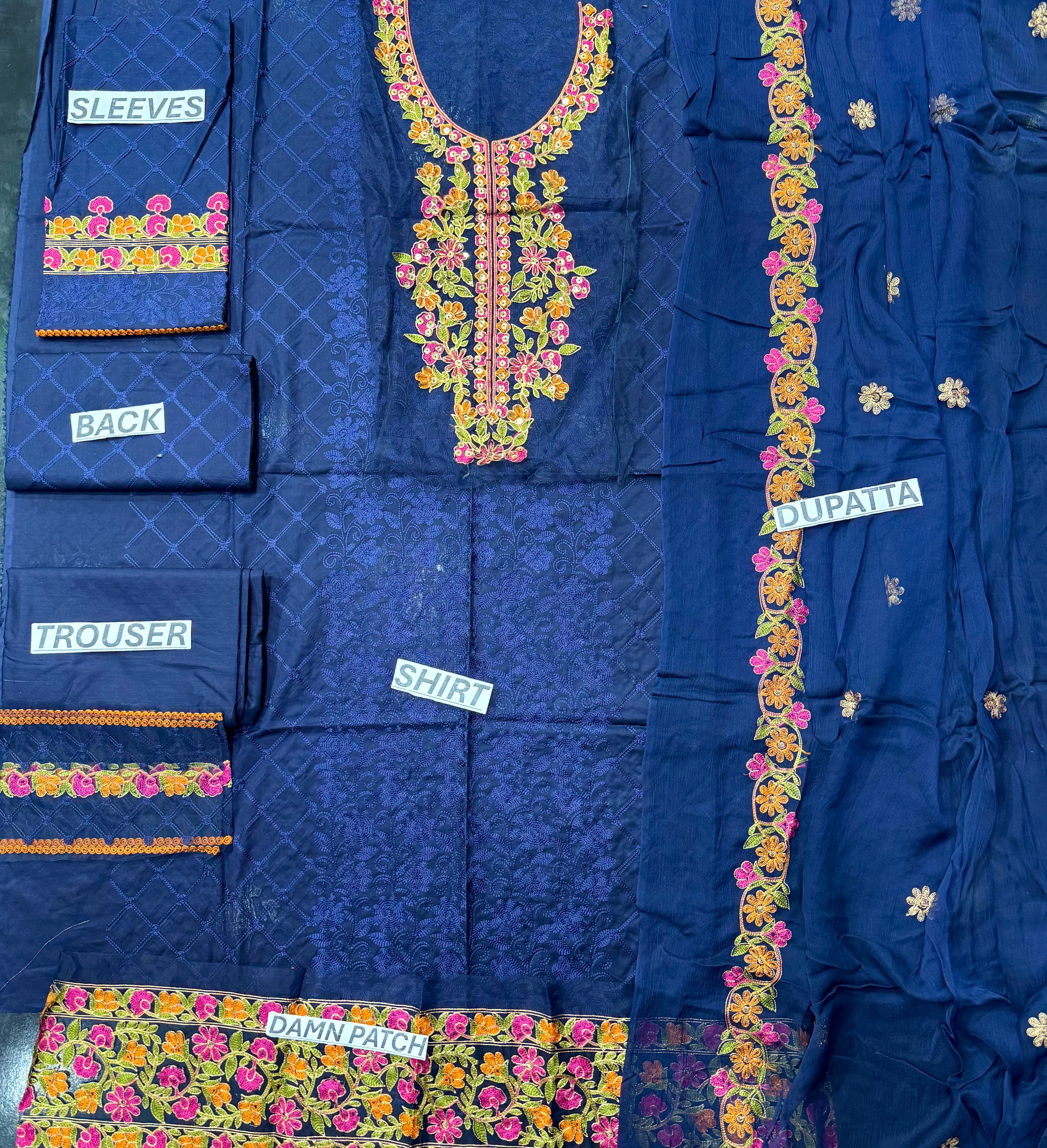 Deep Navy Blue Floral Cross-Stitch Embroidered 3-Piece Suit – Morning Show Edition