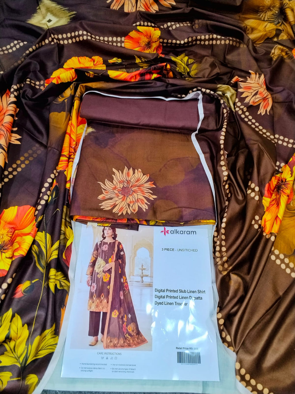 Alkaram Printed Slub Linen 3 Piece Unstitched Suit