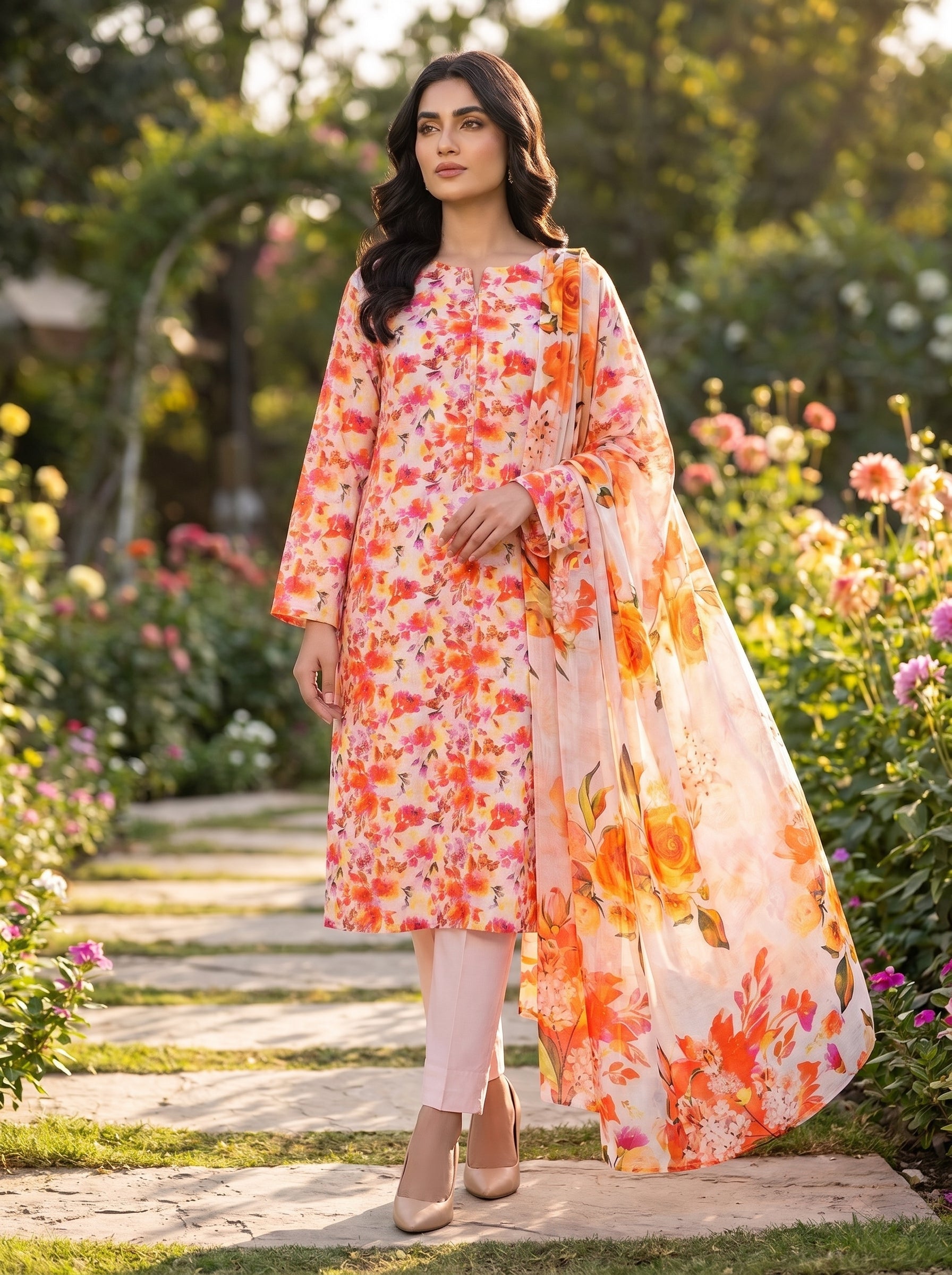 3 Piece Peach Floral Lawn Suit