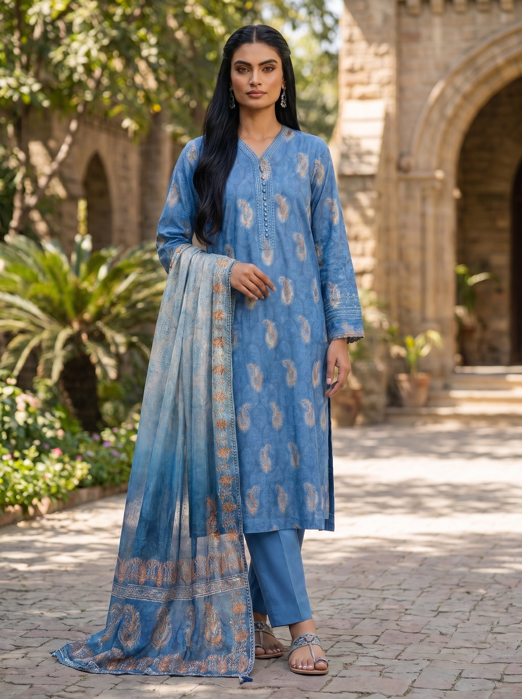 3 Piece Blue Lawn Suit