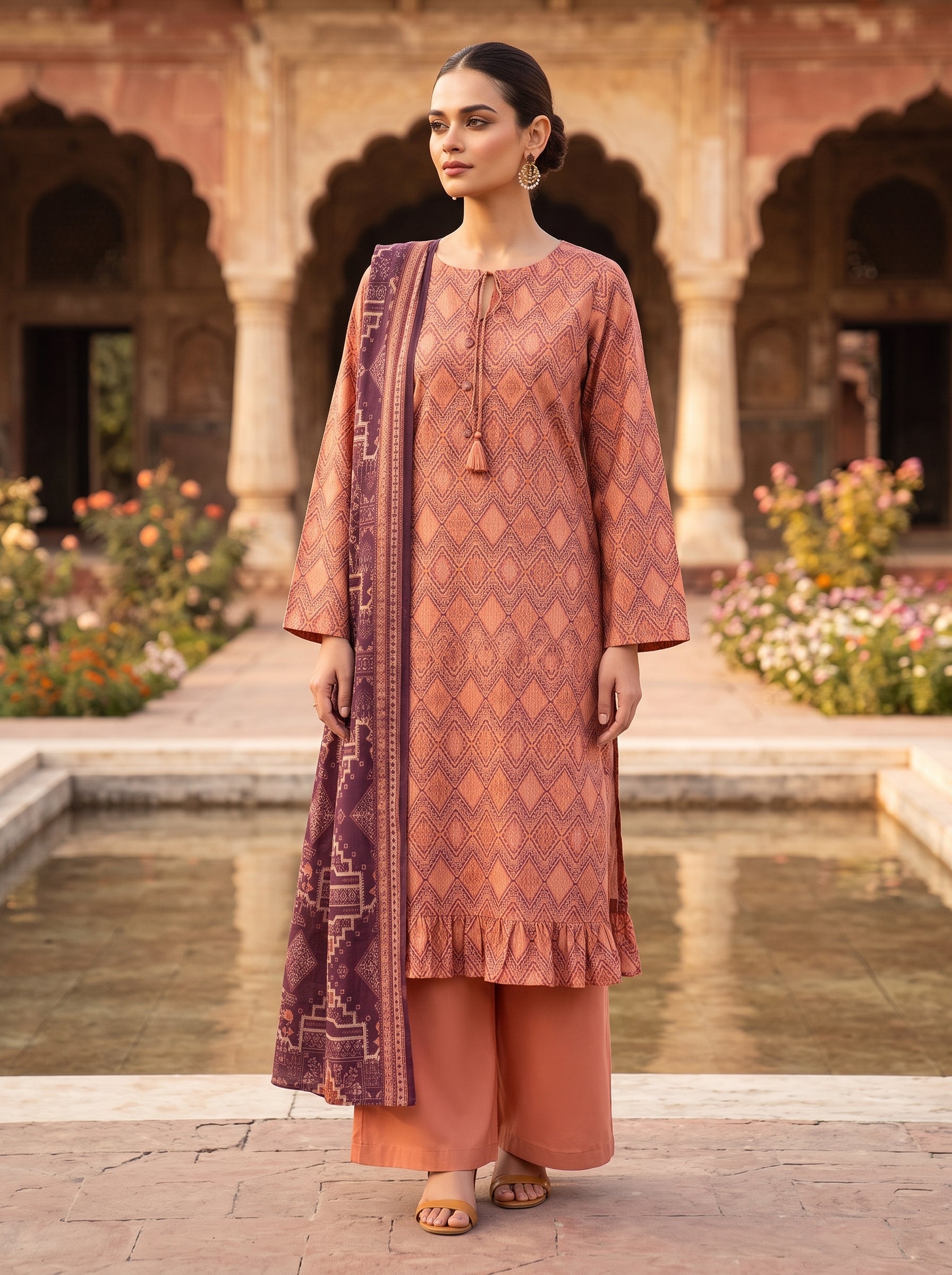 Zesh Peach Printed Lawn 3 Piece Suit