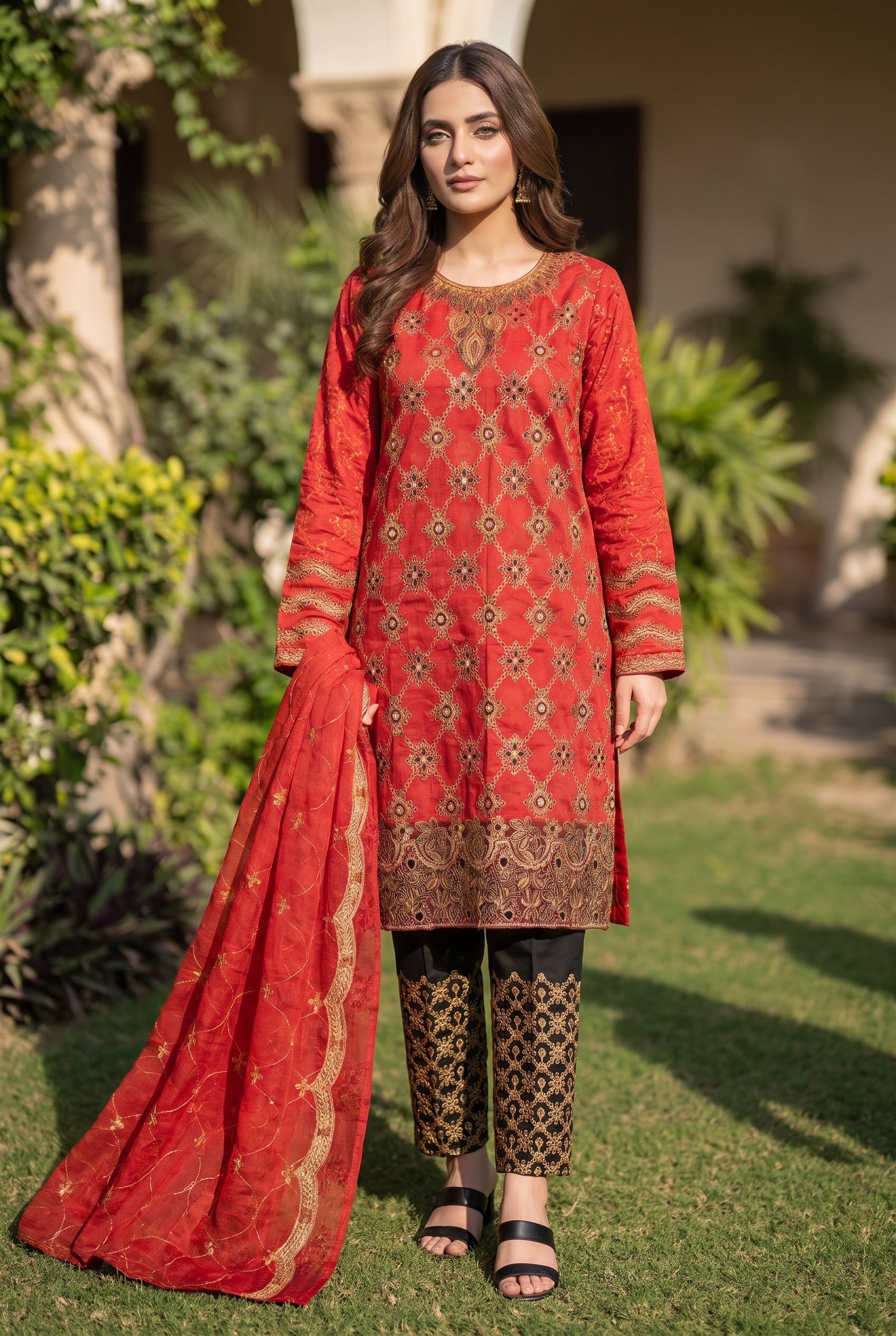 Morning Show Style Luxury Red & Black Embroidered Unstitched 3 Piece Suit with Gold Work