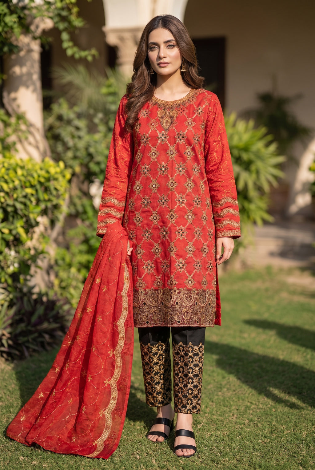 Morning Show Style Luxury Red & Black Embroidered Unstitched 3 Piece Suit with Gold Work