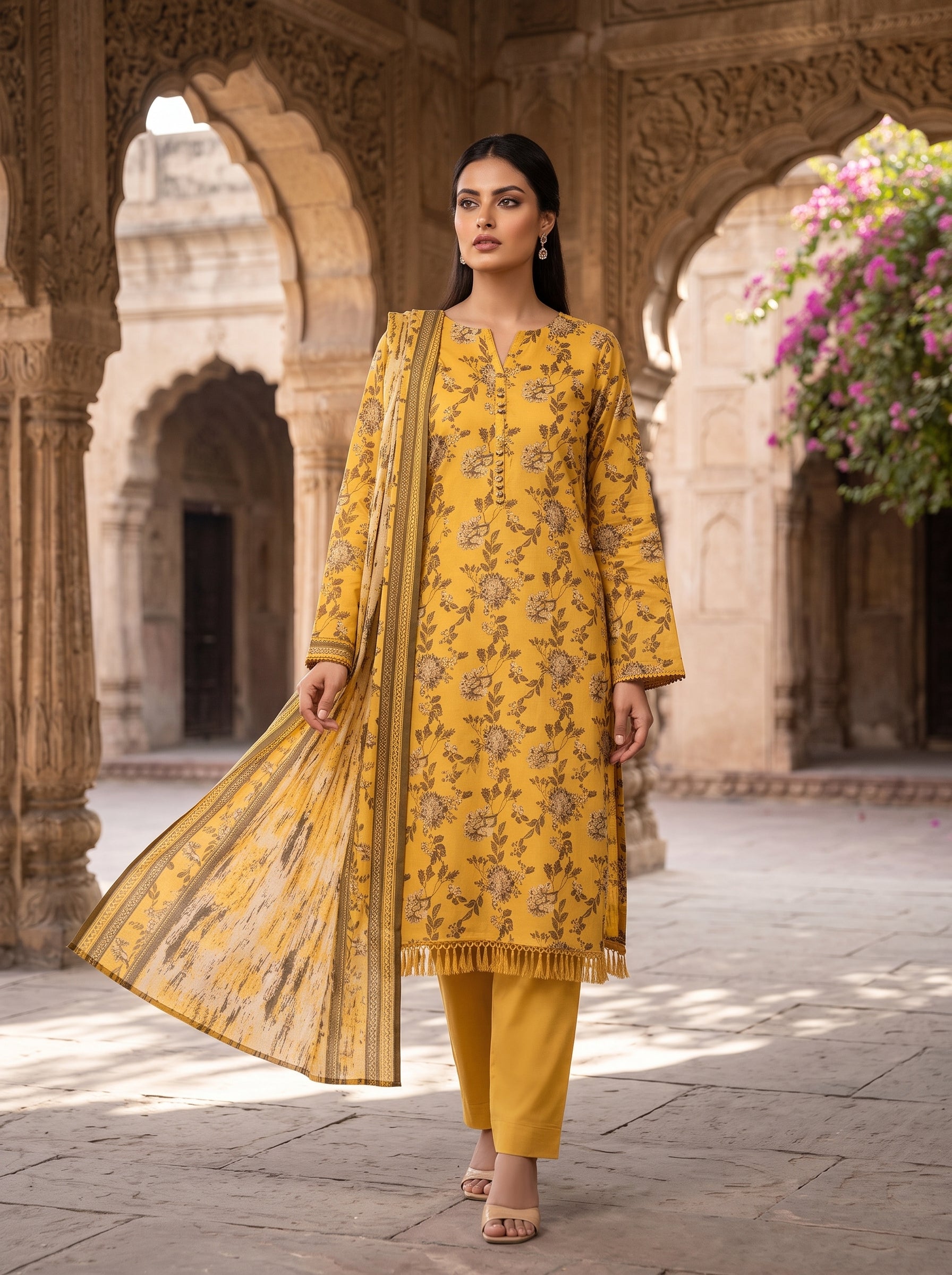 Zesh Mustard Floral Printed Lawn 3 Piece Suit