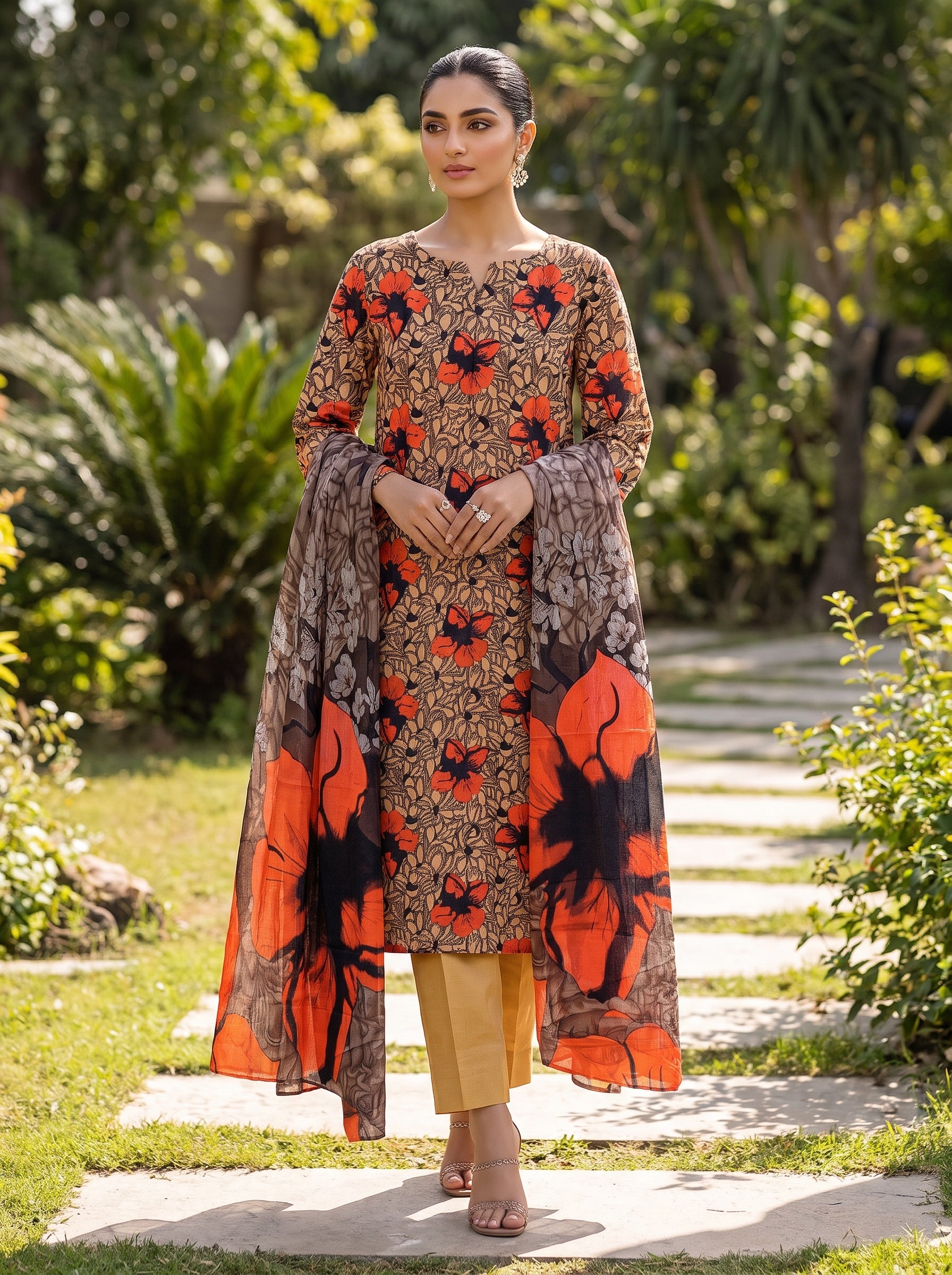 3 Piece Beige Floral Lawn Suit