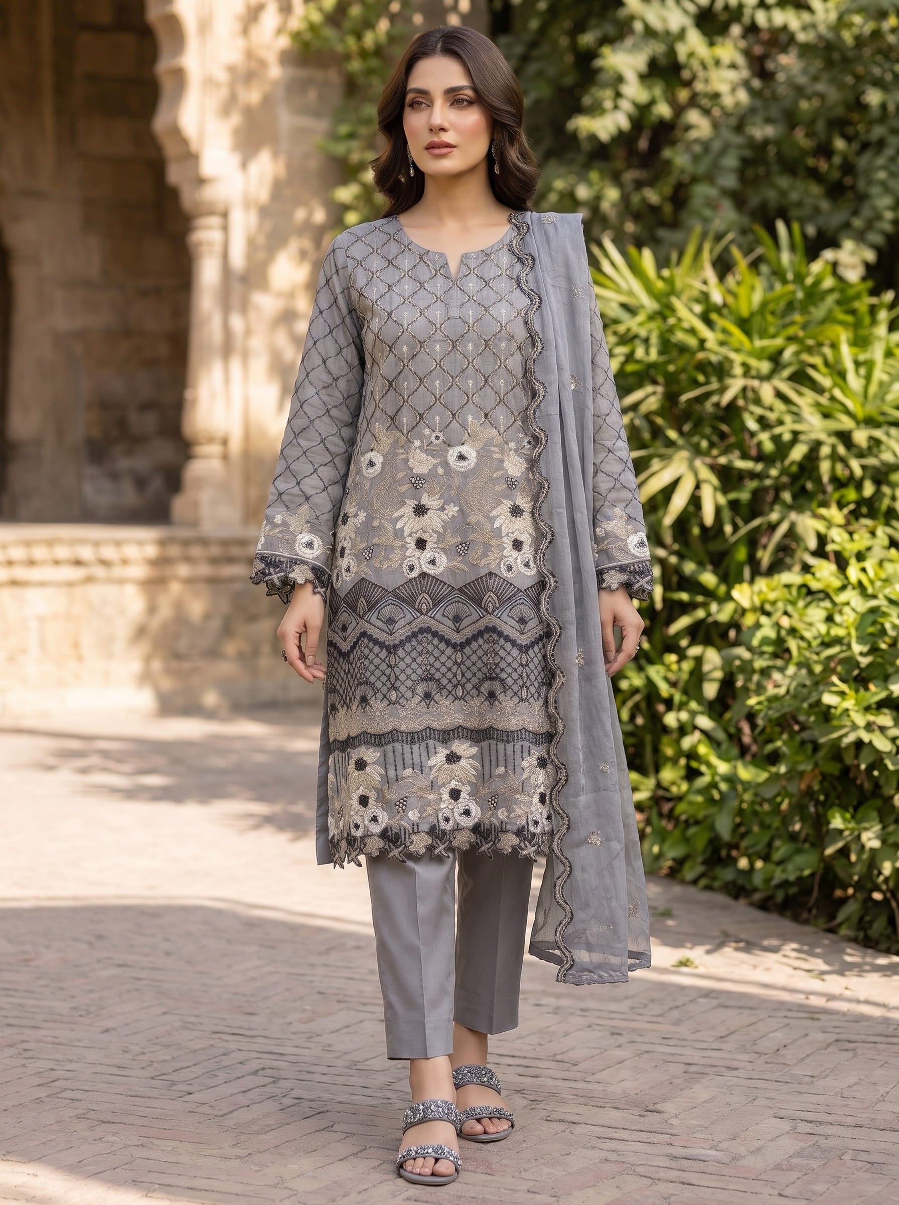 Elegant Charcoal Grey Floral Embroidered 3-Piece Suit – Morning Show Edition
