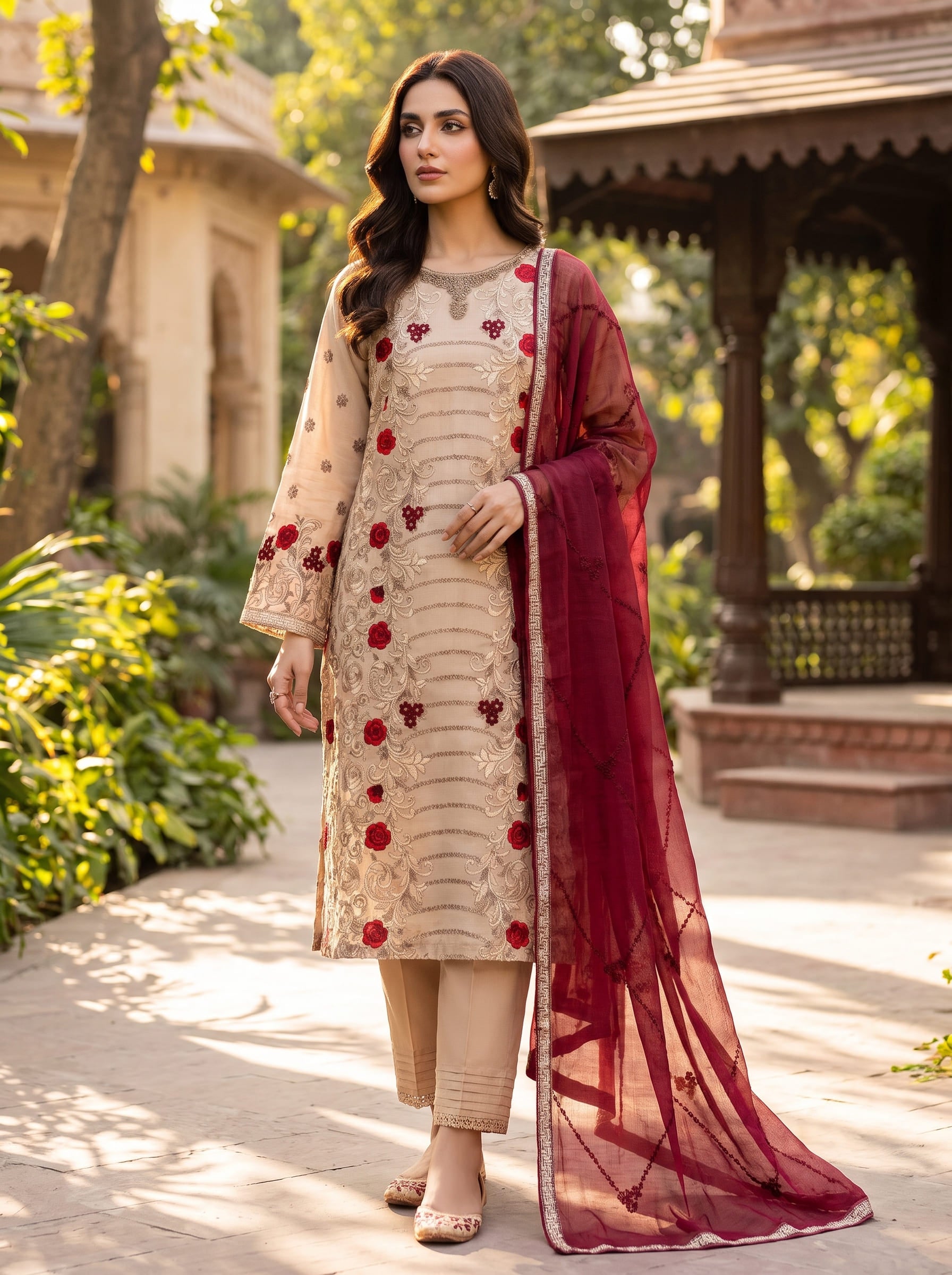 Graceful Beige Floral Embroidered 3-Piece Lawn Suit – Morning Show Edition