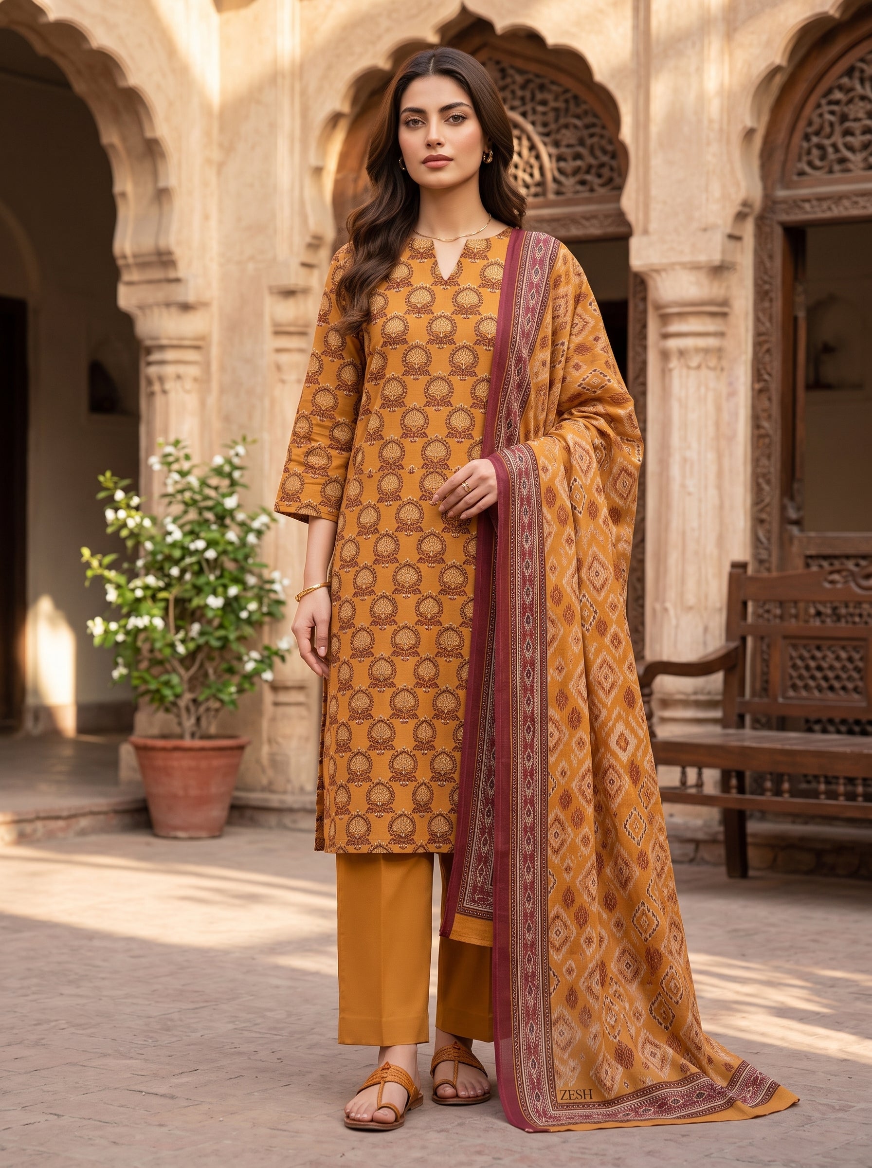 Zesh Mustard Printed Lawn 3 Piece Suit