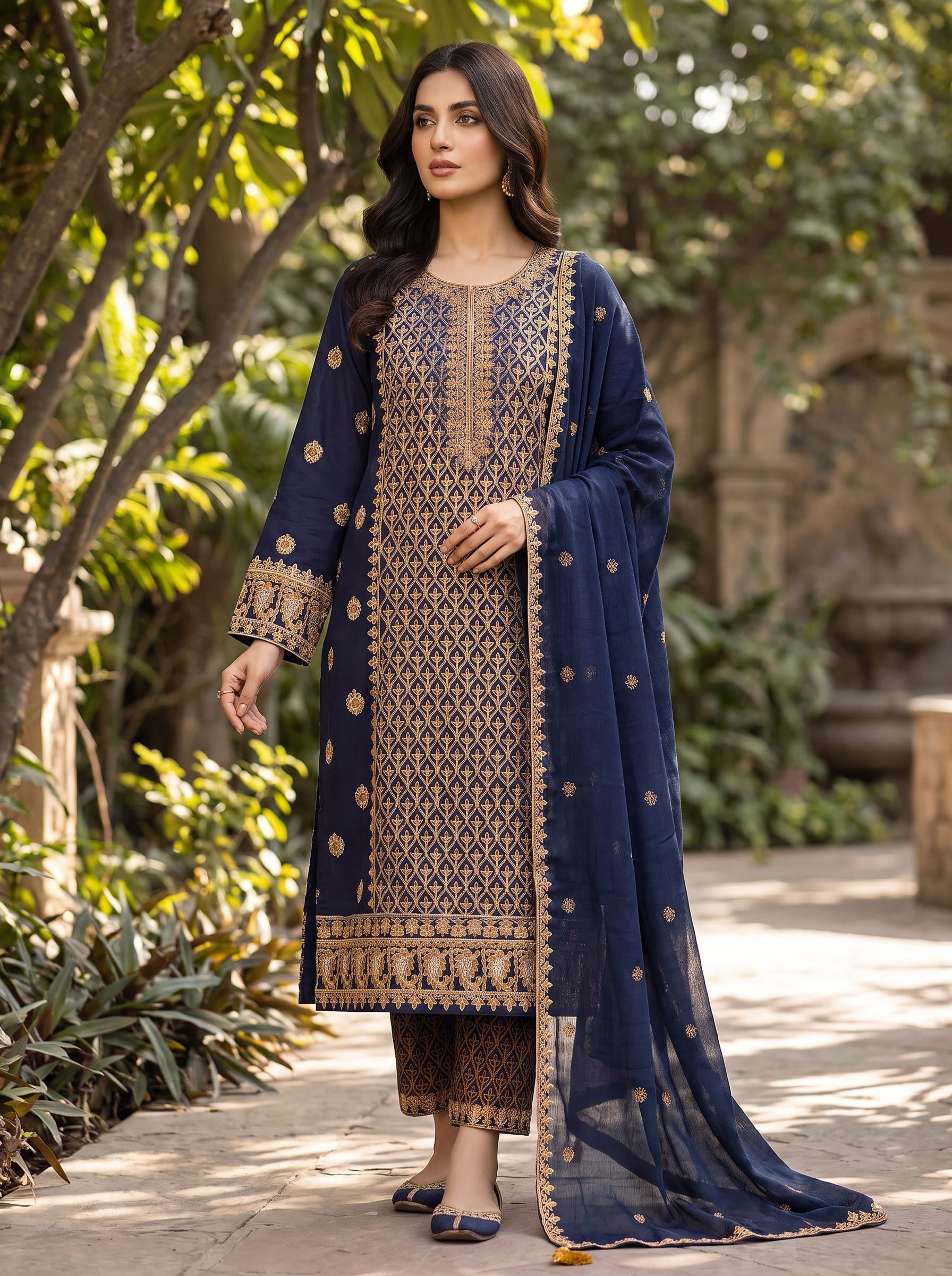 Royal Navy Blue Embroidered 3-Piece Lawn Suit Morning Show Collection