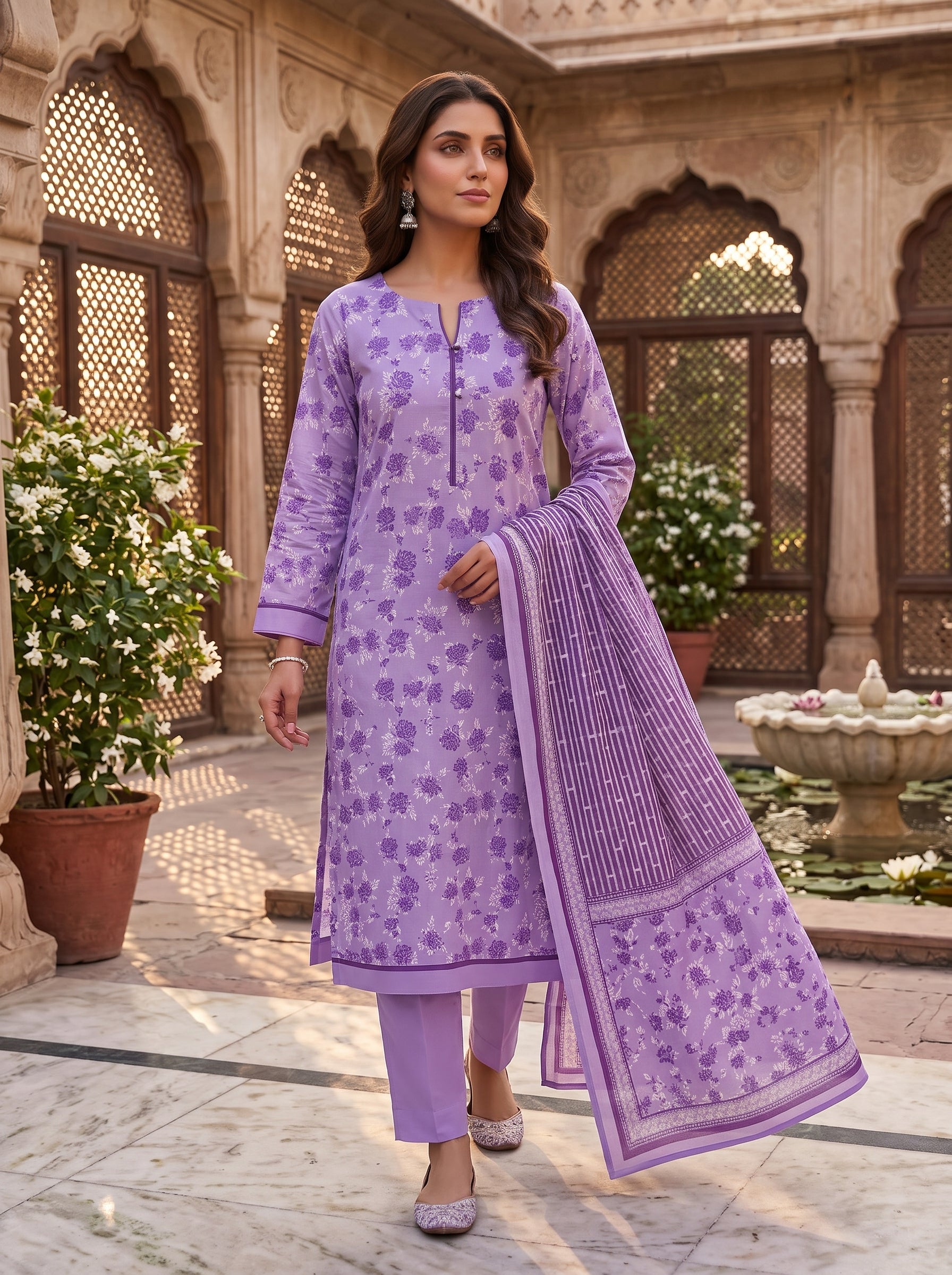 Zesh Purple Printed Lawn 3 Piece Suit