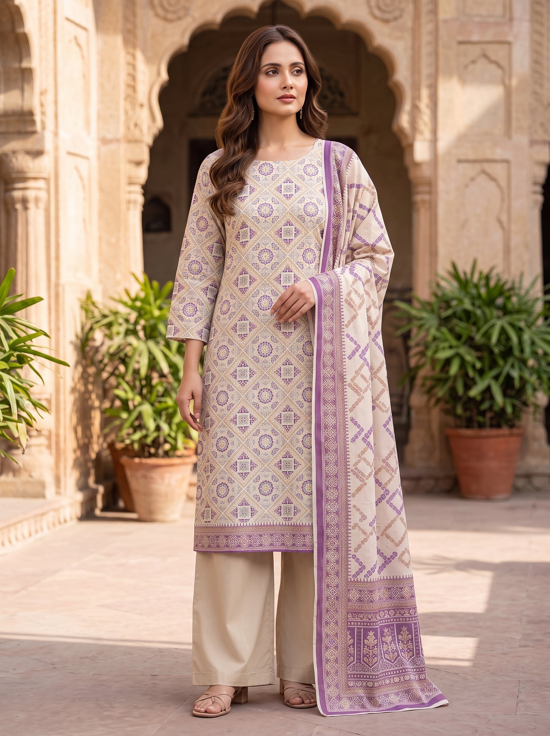 Zesh Cream Printed Lawn 3 Piece Suit