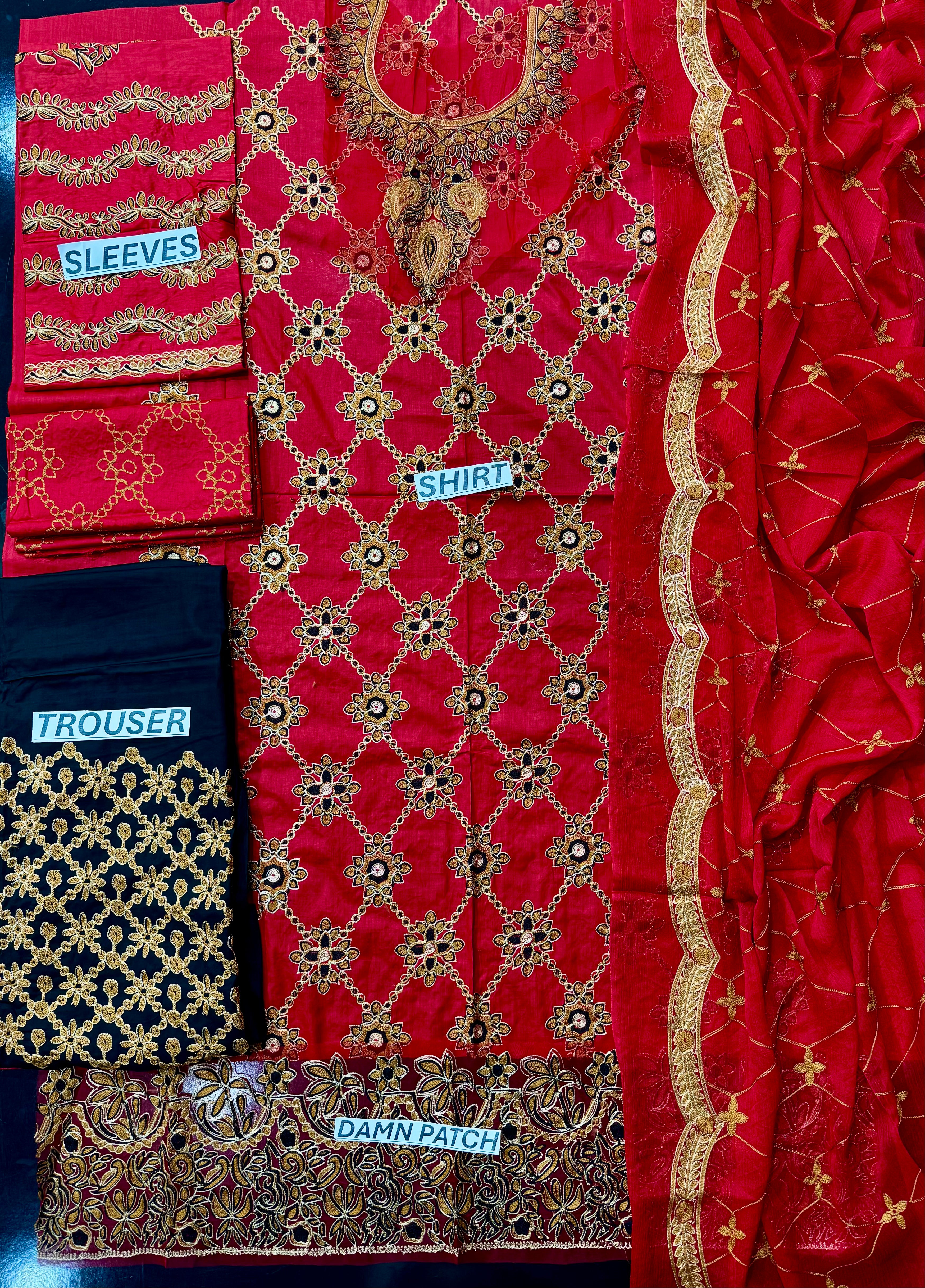 Morning Show Style Luxury Red & Black Embroidered Unstitched 3 Piece Suit with Gold Work
