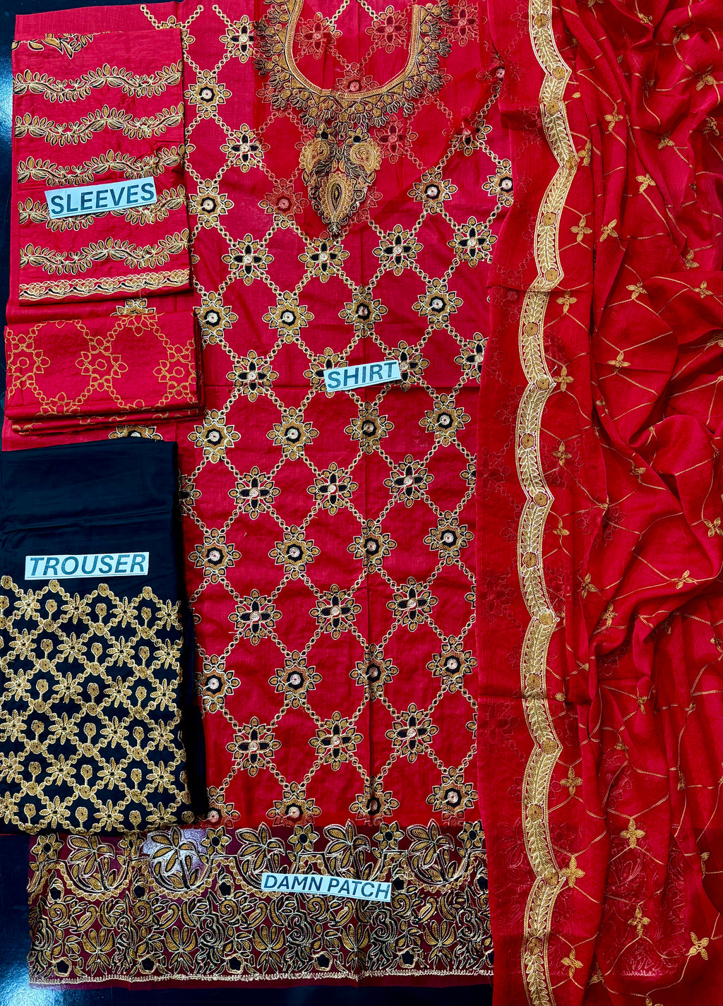 Morning Show Style Luxury Red & Black Embroidered Unstitched 3 Piece Suit with Gold Work