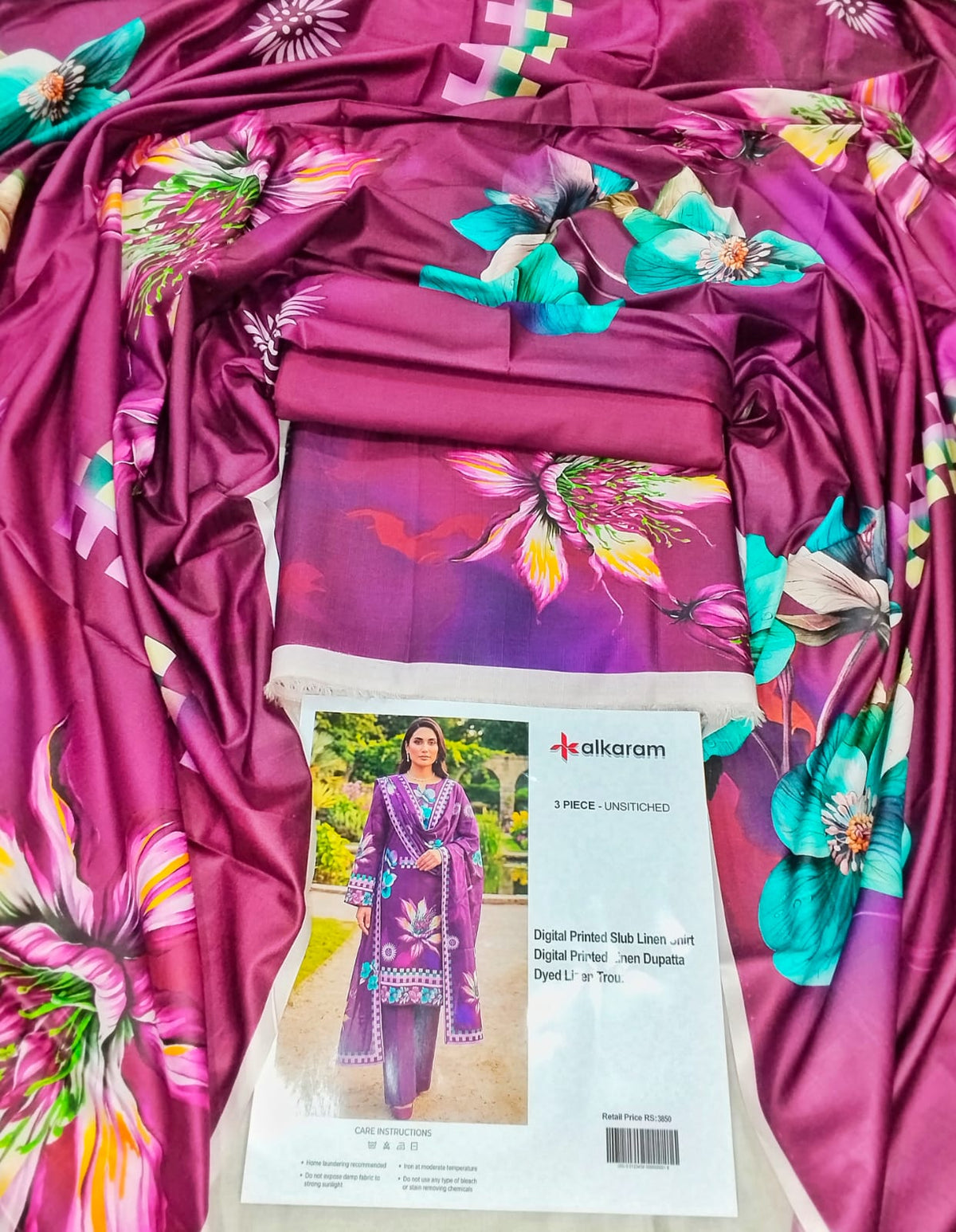 Alkaram Printed Slub Linen 3 Piece Unstitched Suit