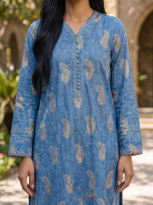 3 Piece Blue Lawn Suit