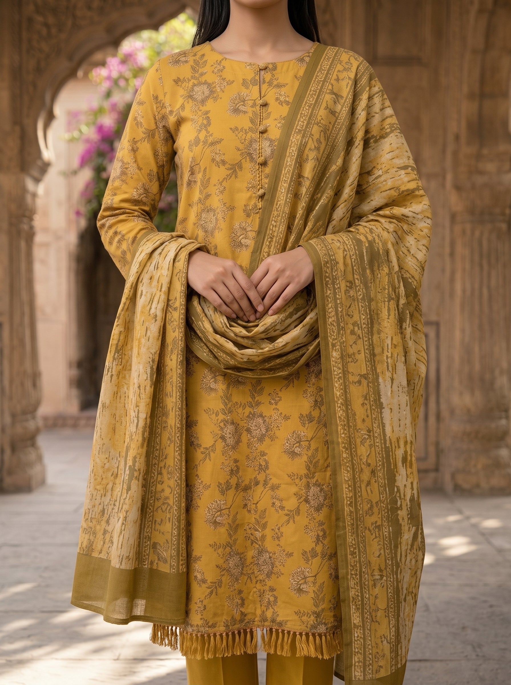 Zesh Mustard Floral Printed Lawn 3 Piece Suit