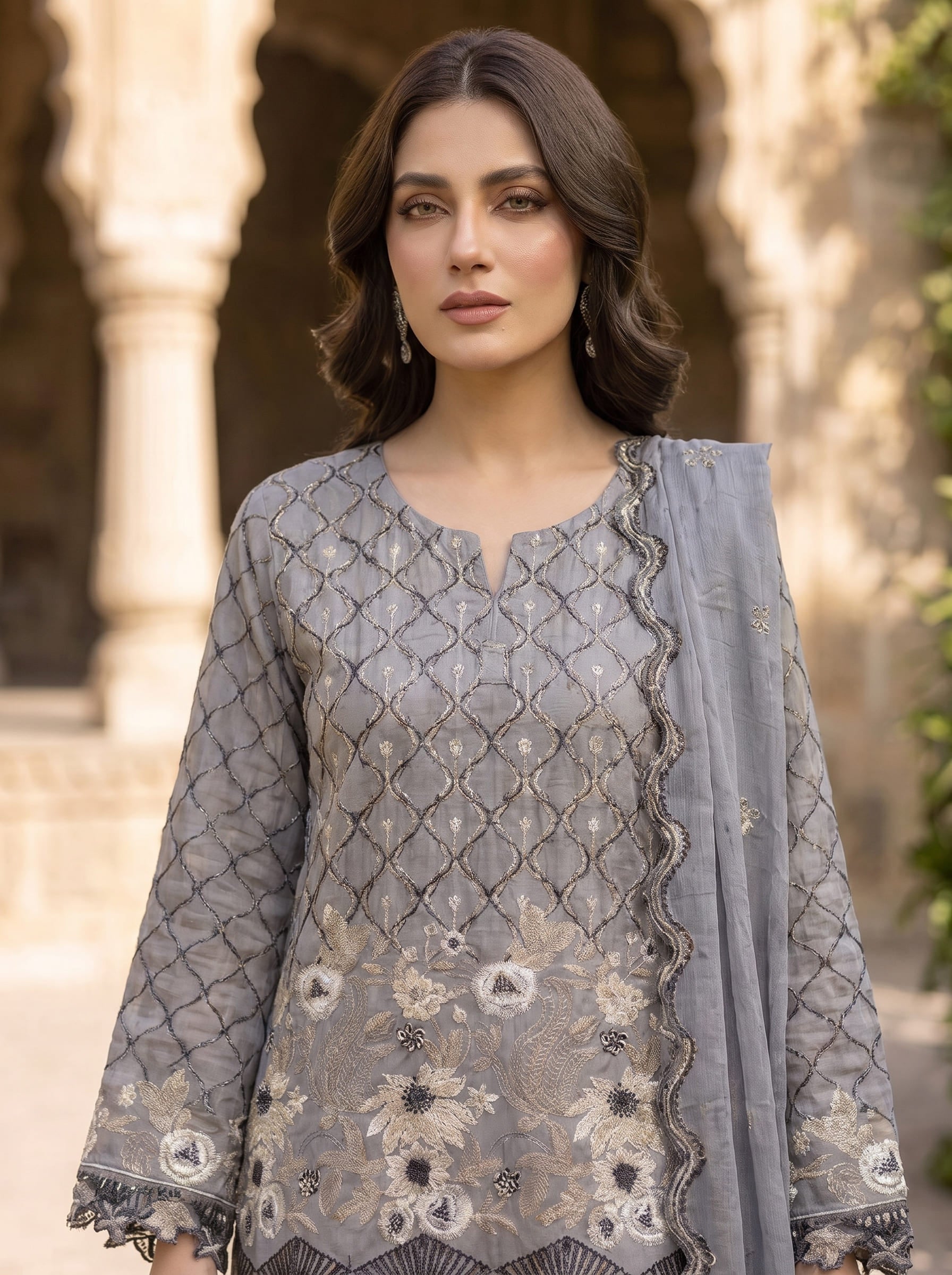 Elegant Charcoal Grey Floral Embroidered 3-Piece Suit – Morning Show Edition