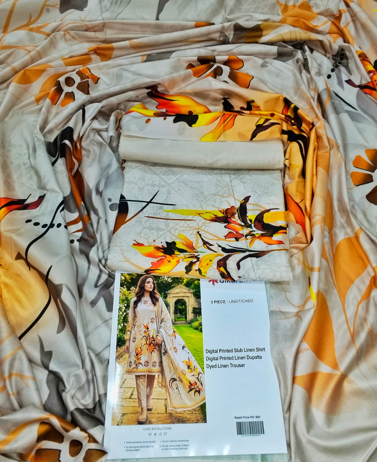Alkaram Printed Slub Linen 3 Piece Unstitched Suit