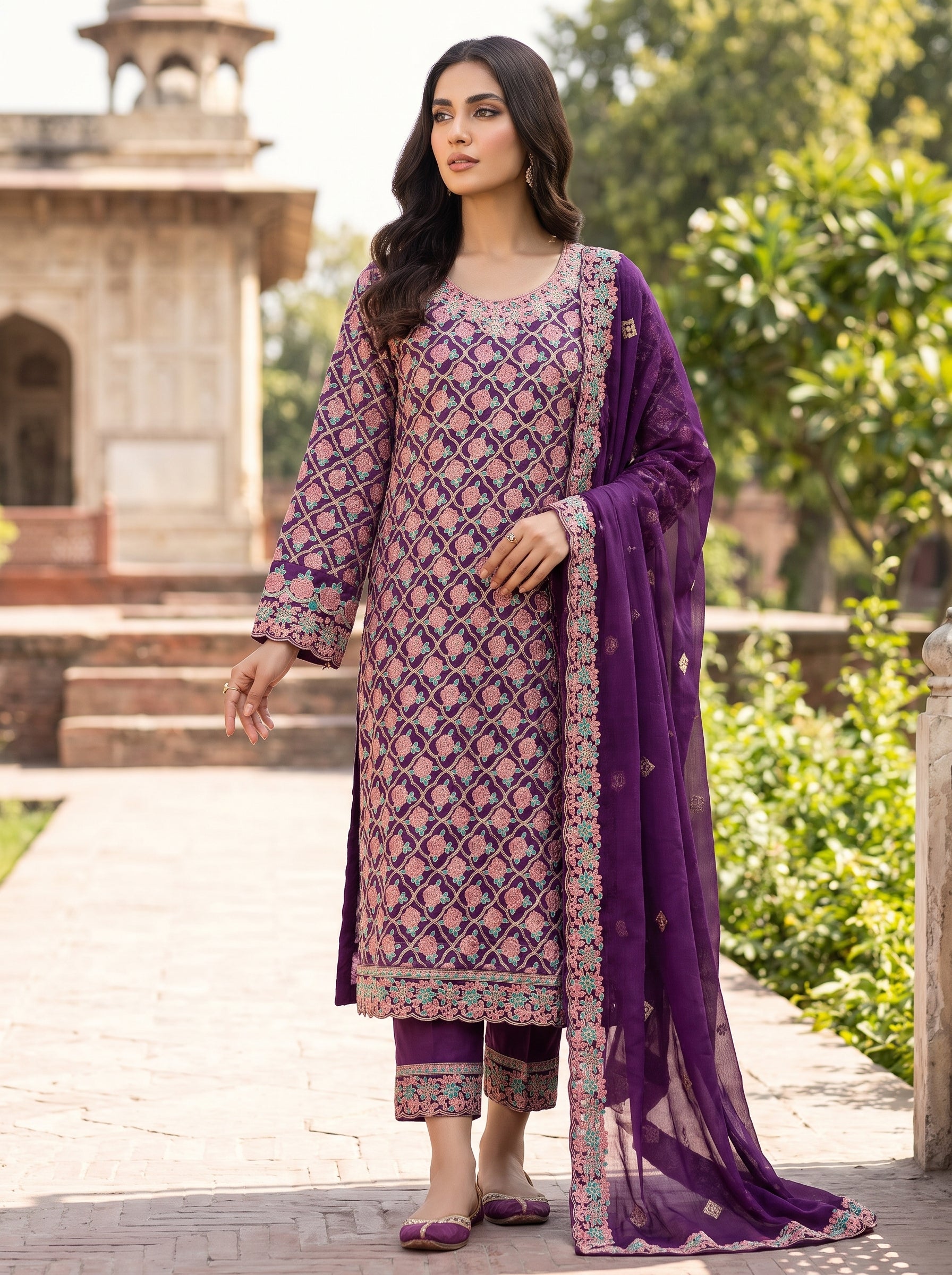 Morning Show Style Royal Purple Embroidered Unstitched 3 Piece Suit with Chiffon Dupatta