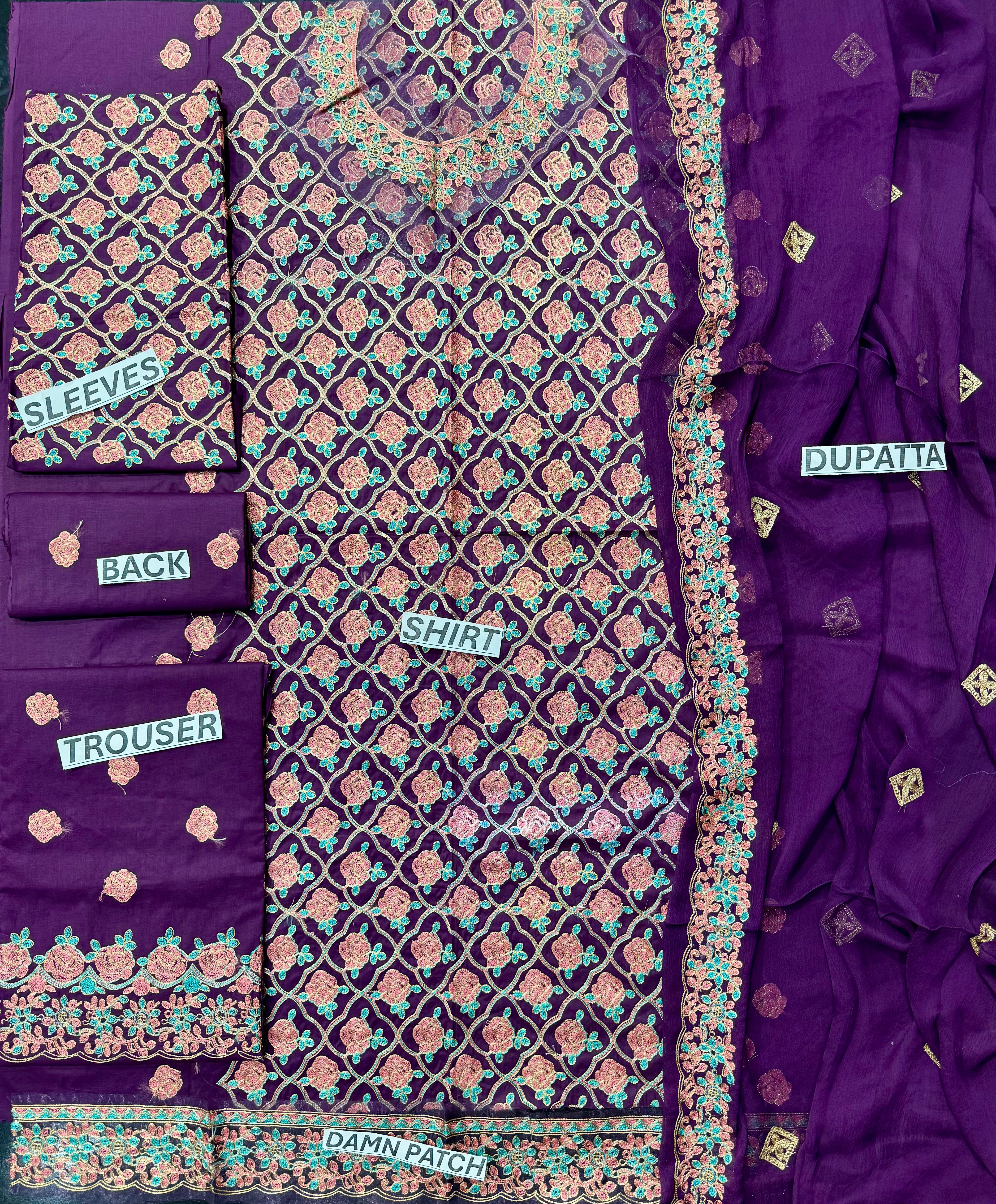 Morning Show Style Royal Purple Embroidered Unstitched 3 Piece Suit with Chiffon Dupatta