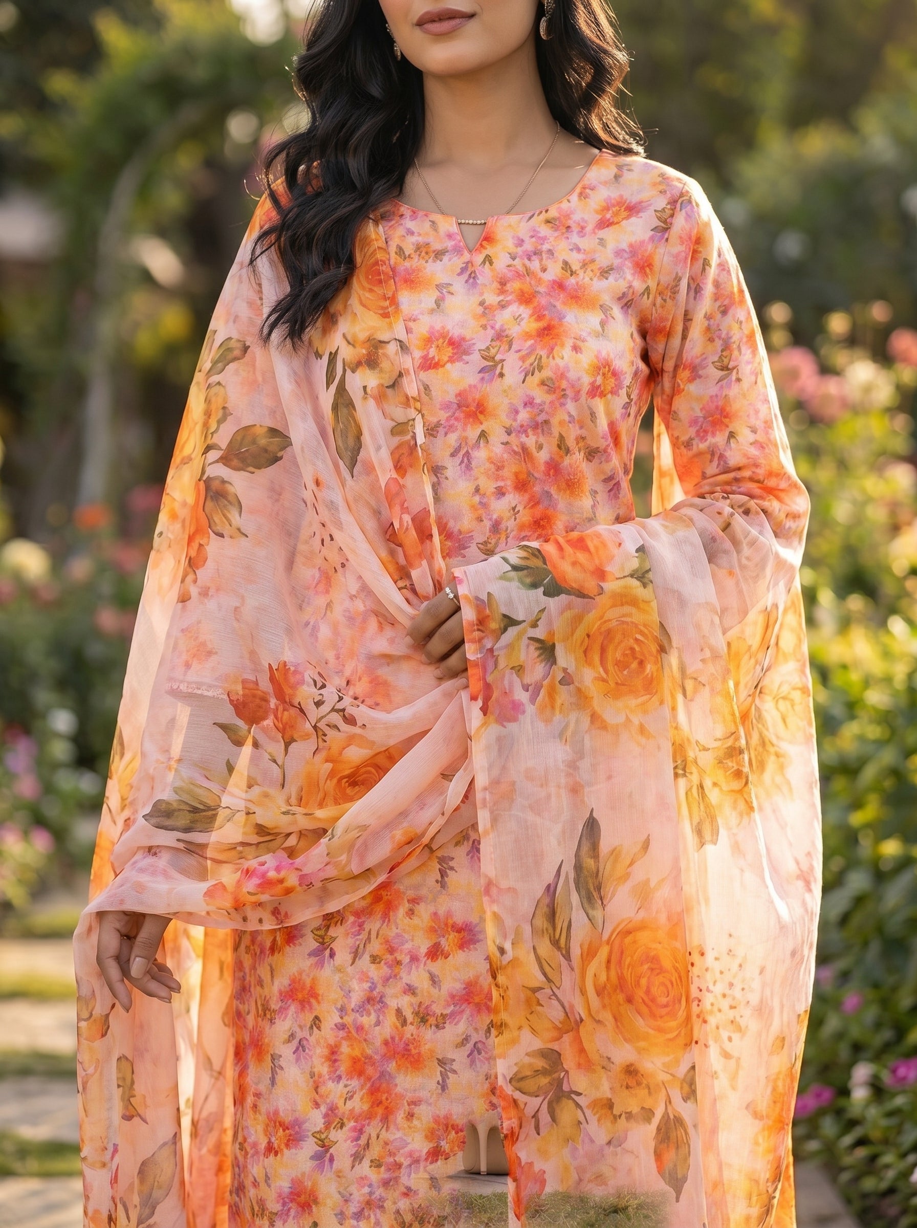 3 Piece Peach Floral Lawn Suit