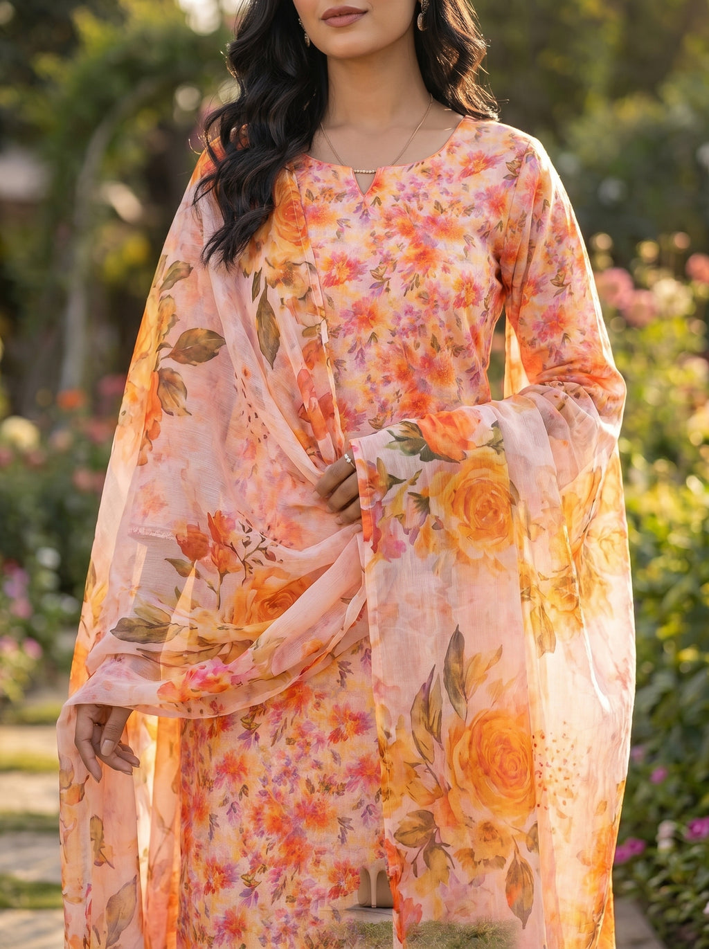 3 Piece Peach Floral Lawn Suit