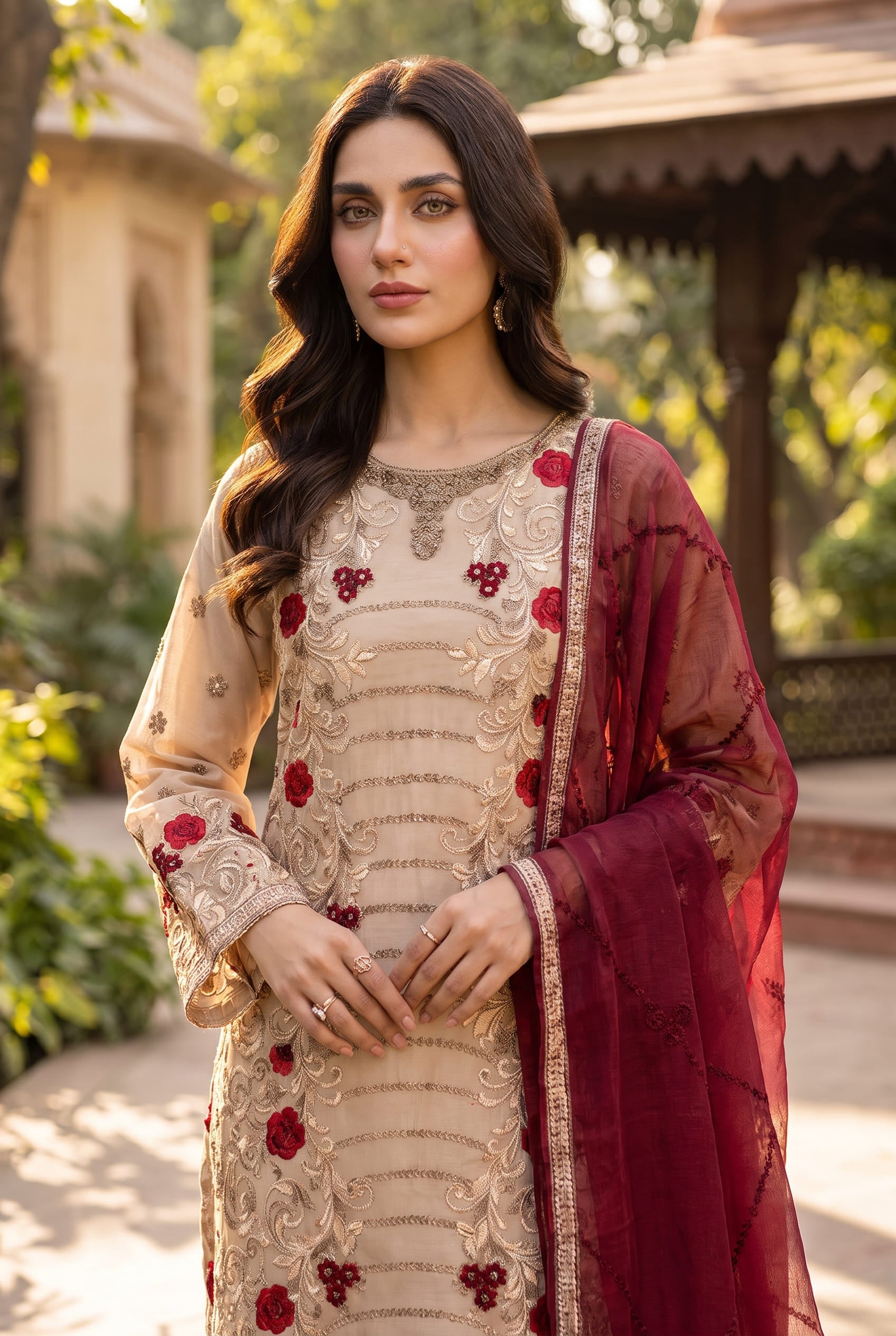 Graceful Beige Floral Embroidered 3-Piece Lawn Suit – Morning Show Edition