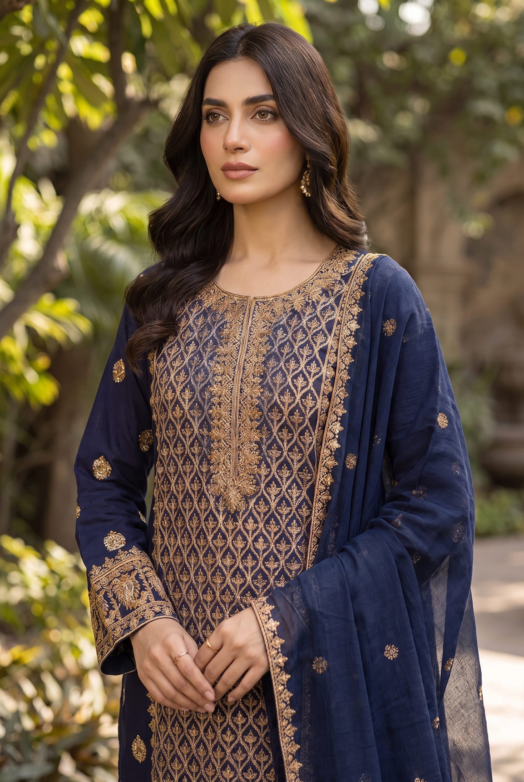 Royal Navy Blue Embroidered 3-Piece Lawn Suit Morning Show Collection