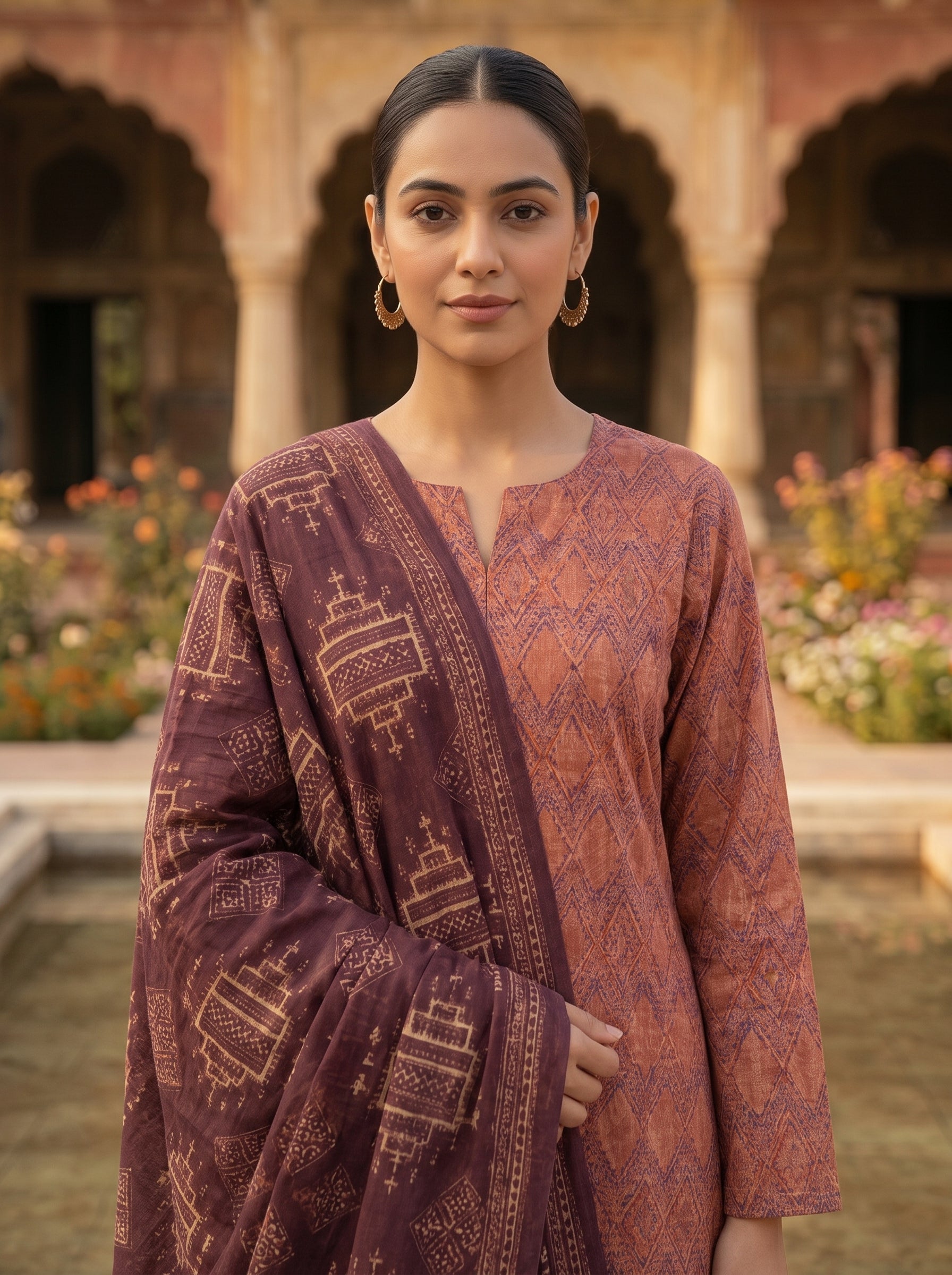 Zesh Peach Printed Lawn 3 Piece Suit