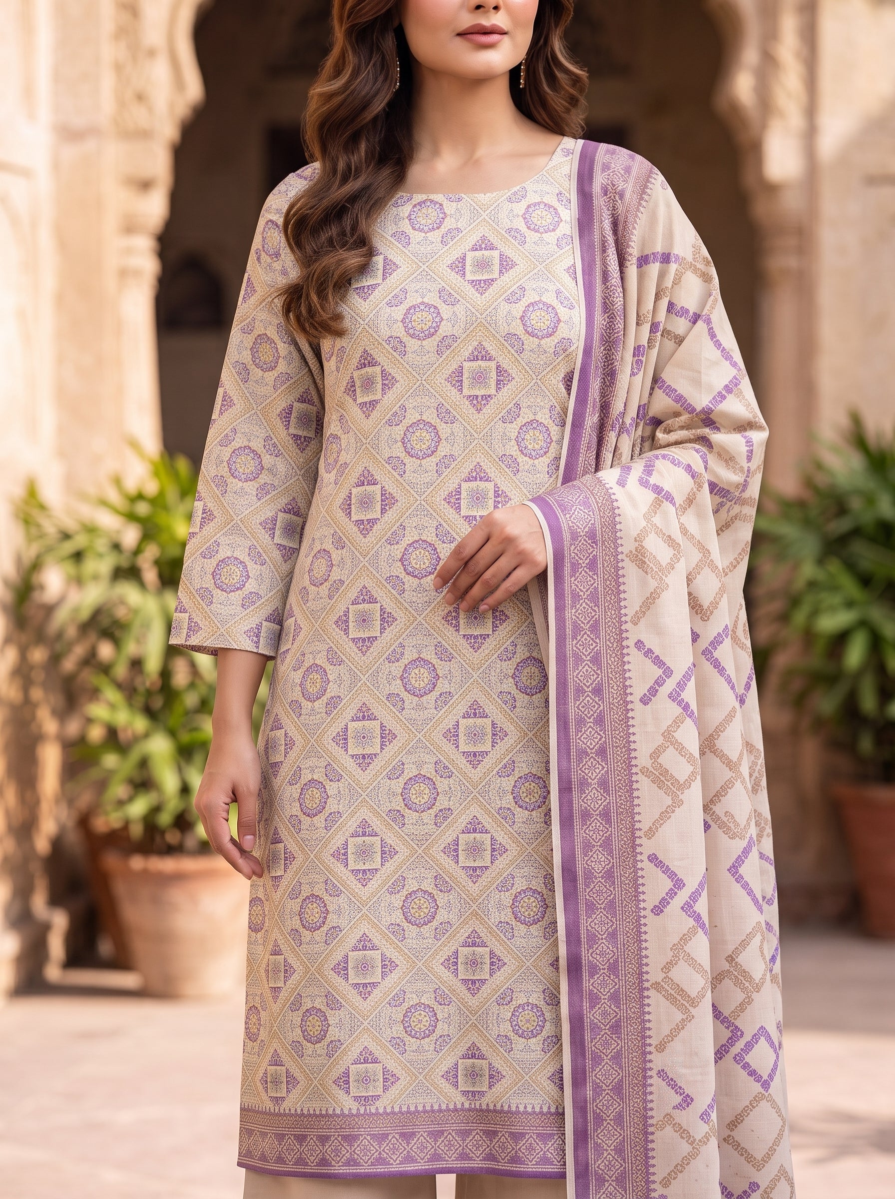 Zesh Cream Printed Lawn 3 Piece Suit