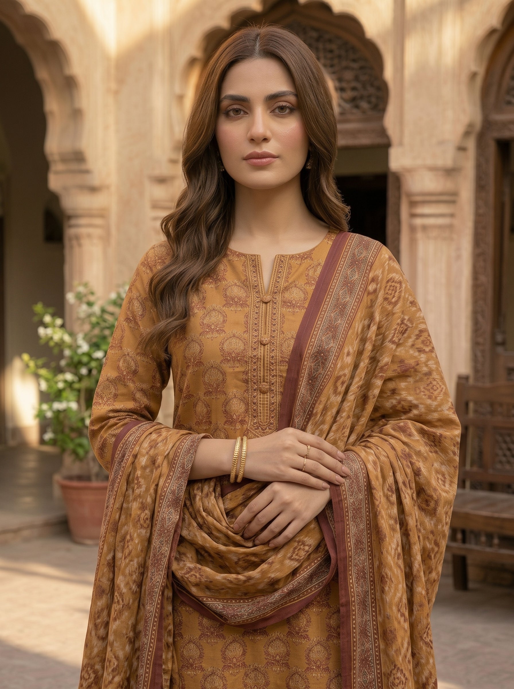 Zesh Mustard Printed Lawn 3 Piece Suit