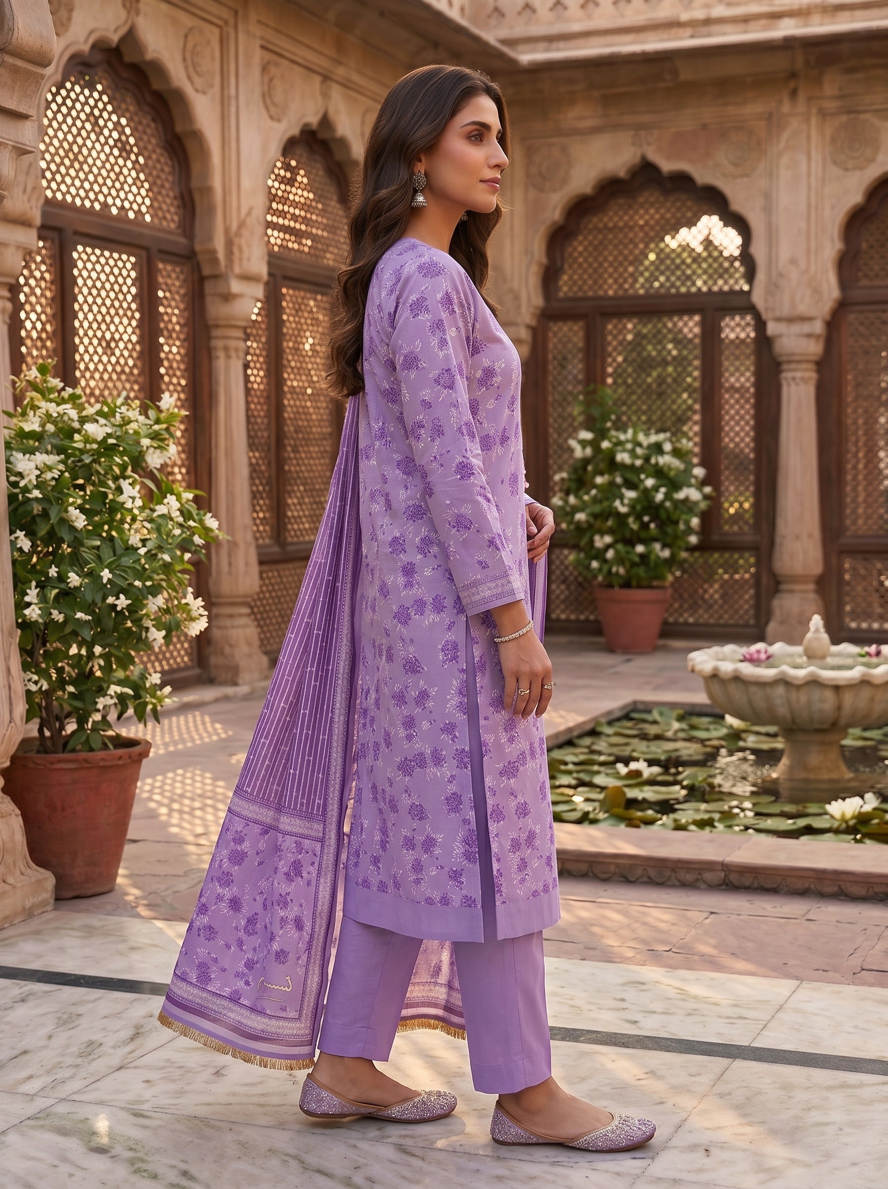 Zesh Purple Printed Lawn 3 Piece Suit