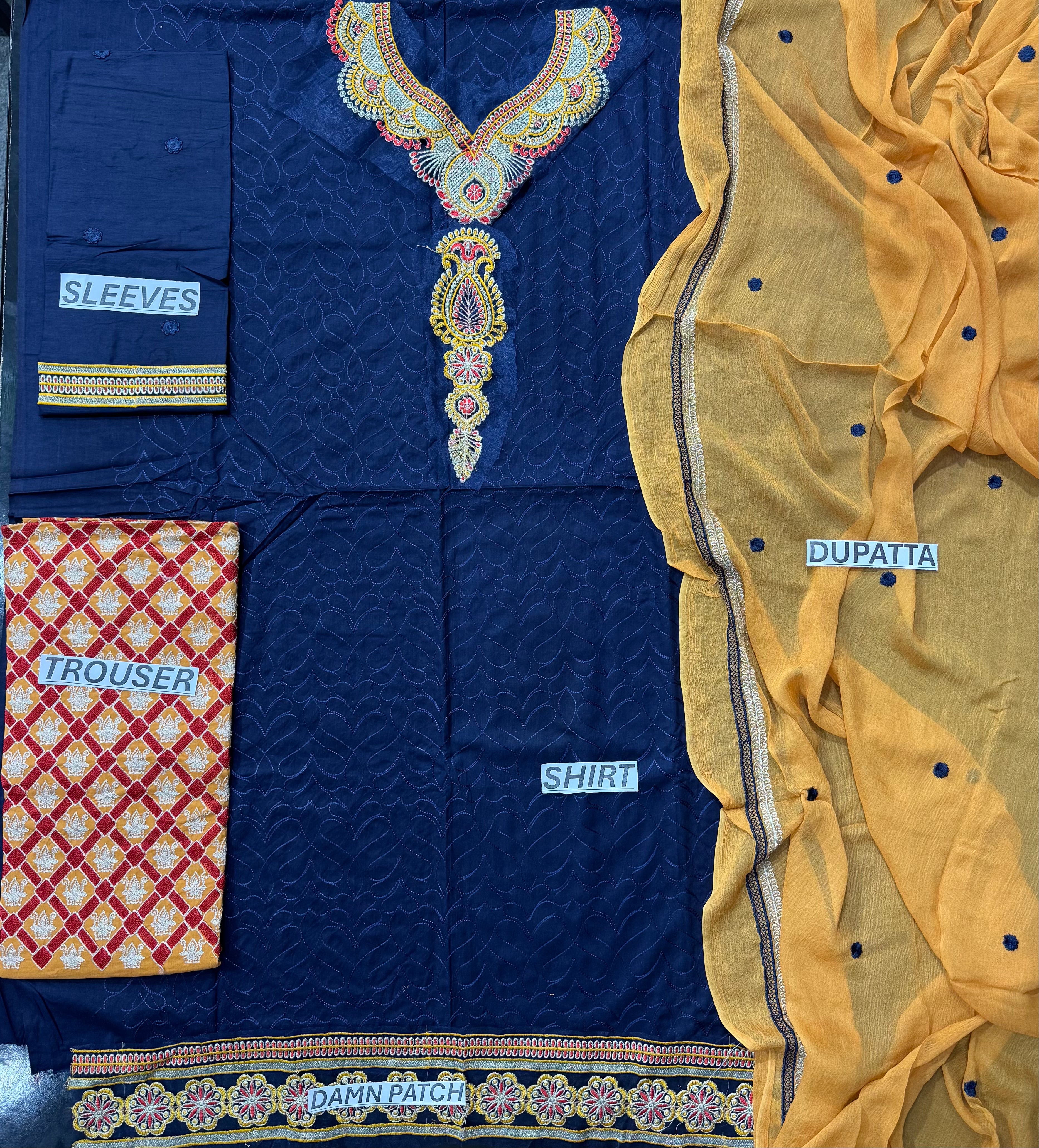 Morning Show Style Navy Blue Embroidered Unstitched 3 Piece Suit with Mustard Dupatta