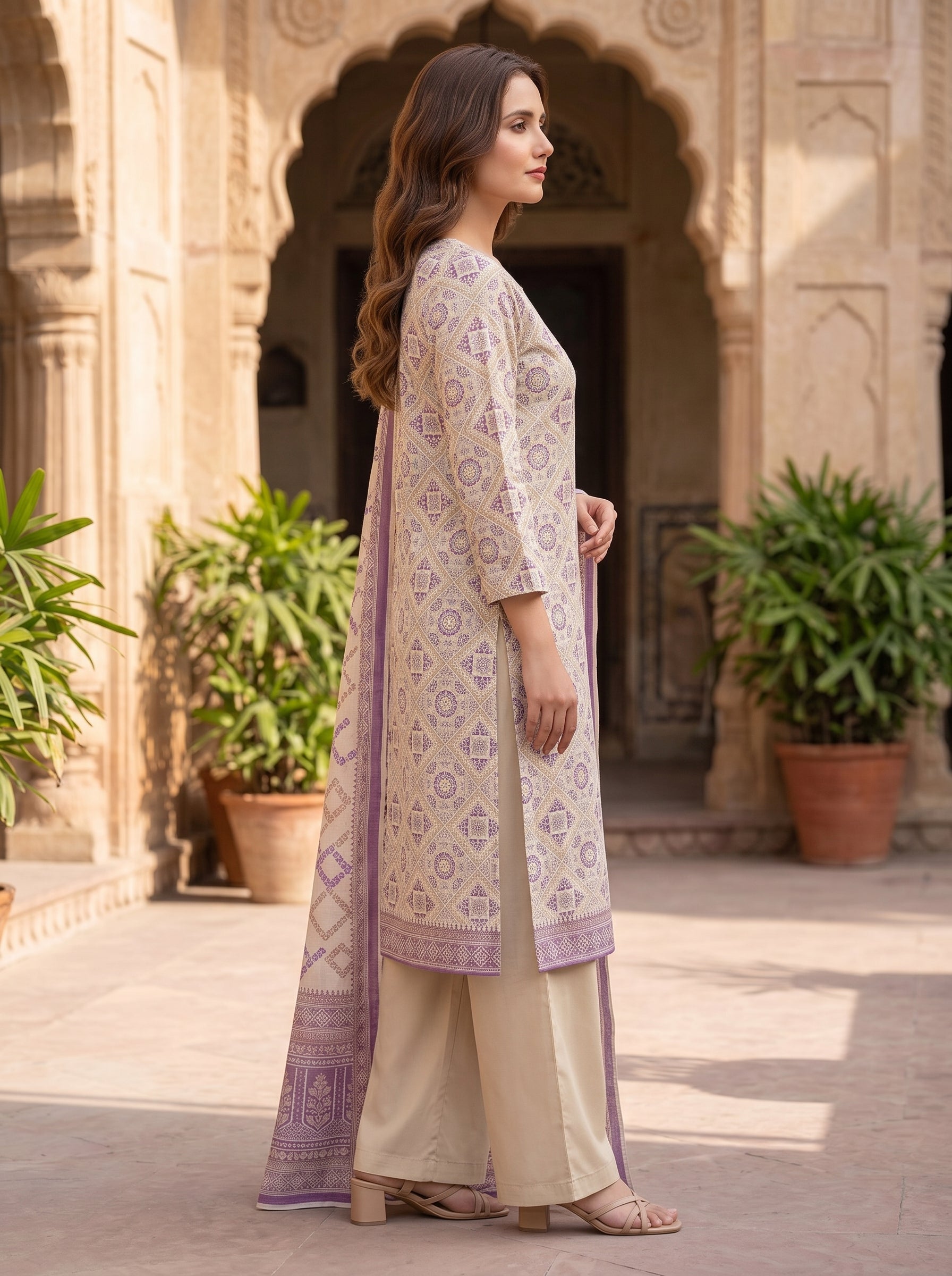 Zesh Cream Printed Lawn 3 Piece Suit
