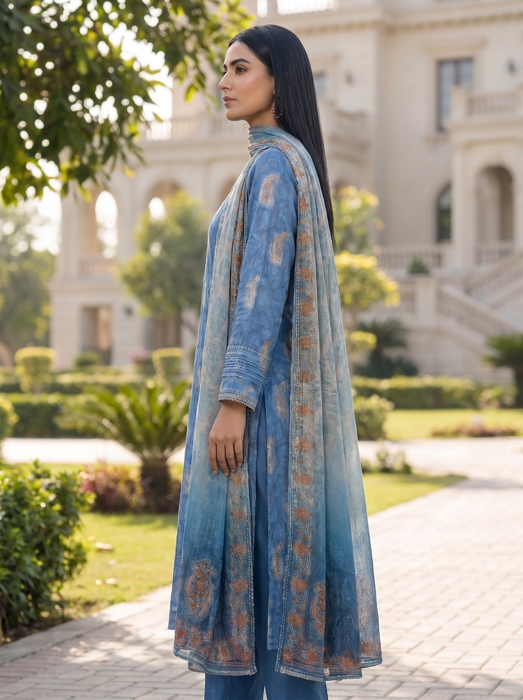 3 Piece Blue Lawn Suit