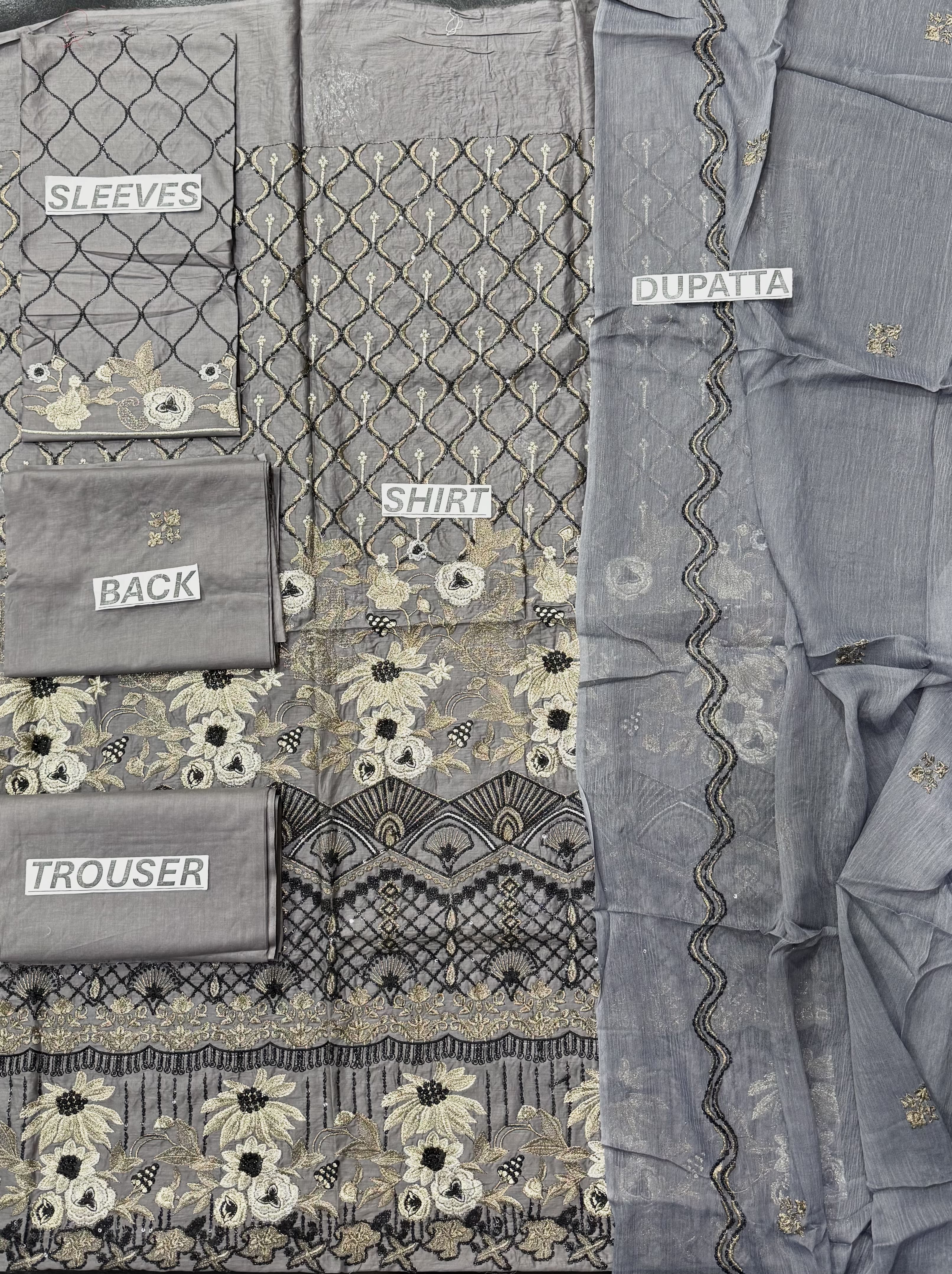 Elegant Charcoal Grey Floral Embroidered 3-Piece Suit – Morning Show Edition