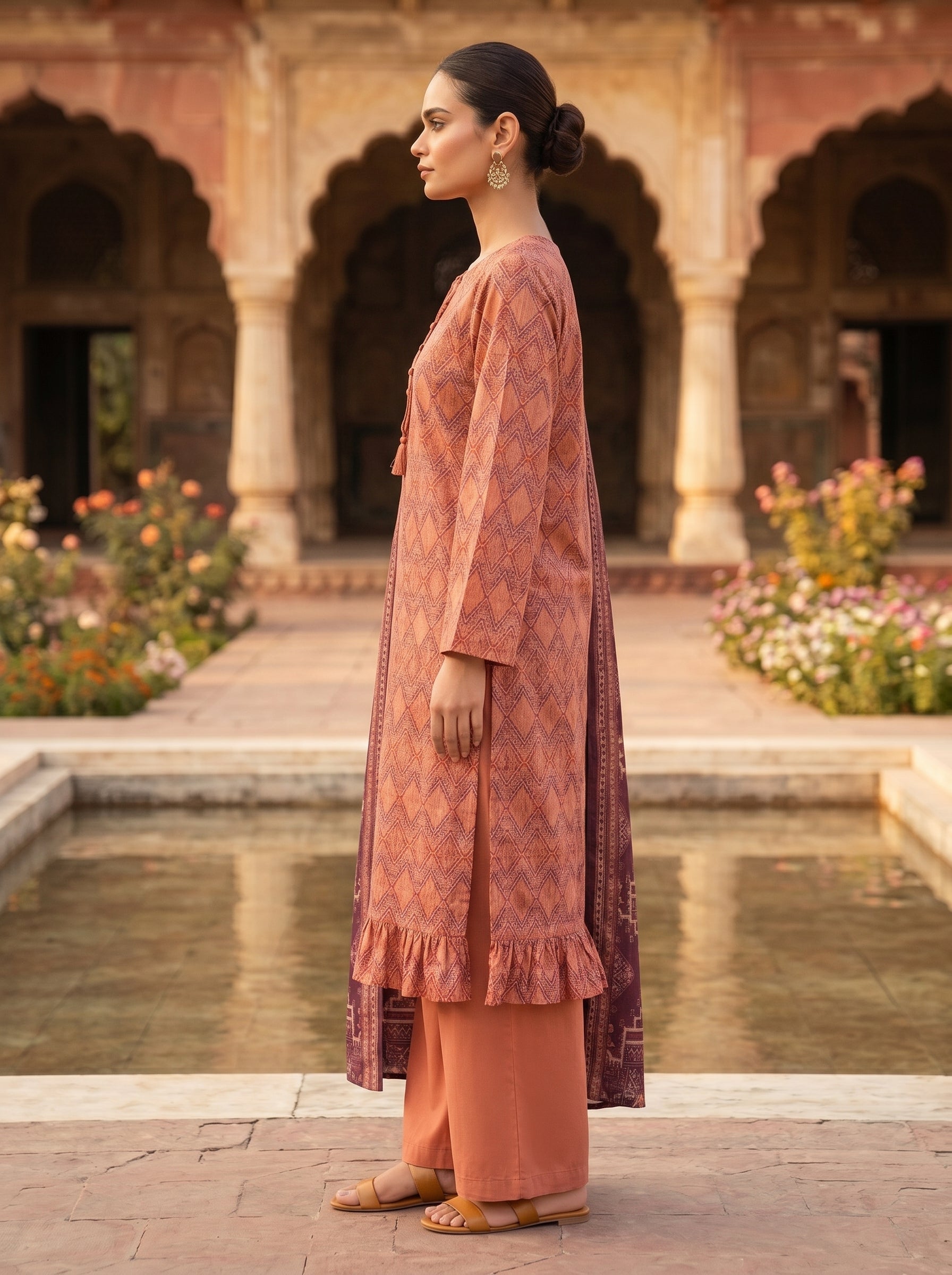 Zesh Peach Printed Lawn 3 Piece Suit