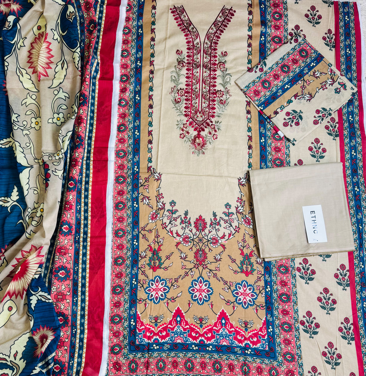 Ethnic Inspired | 3-Piece Printed & Embroidered Unstitched Suit