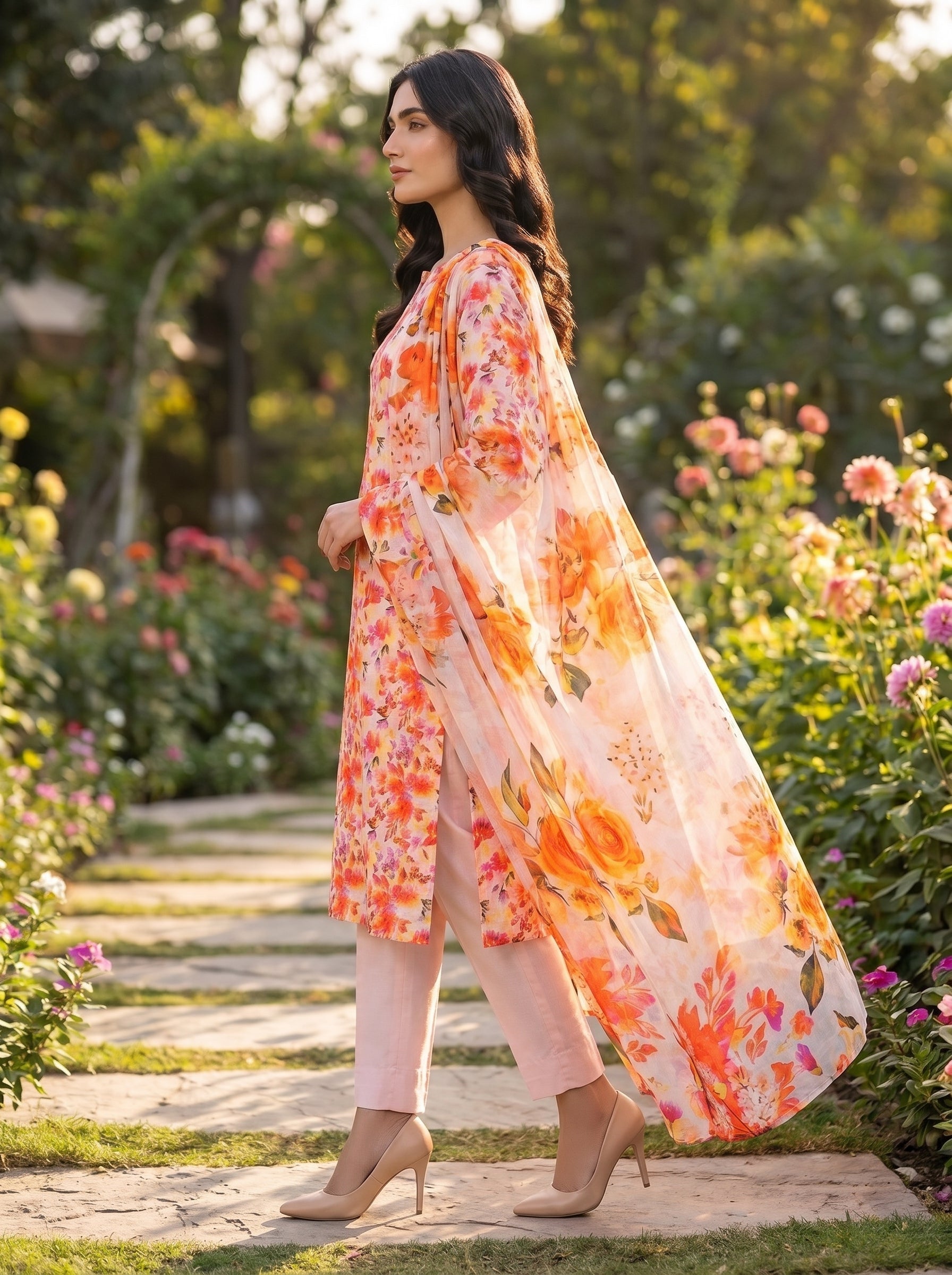 3 Piece Peach Floral Lawn Suit
