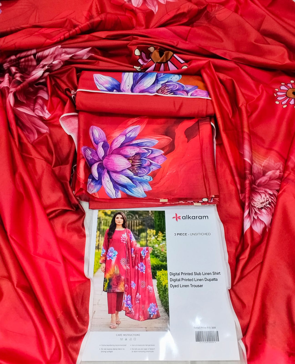 Alkaram Printed Slub Linen 3 Piece Unstitched Suit