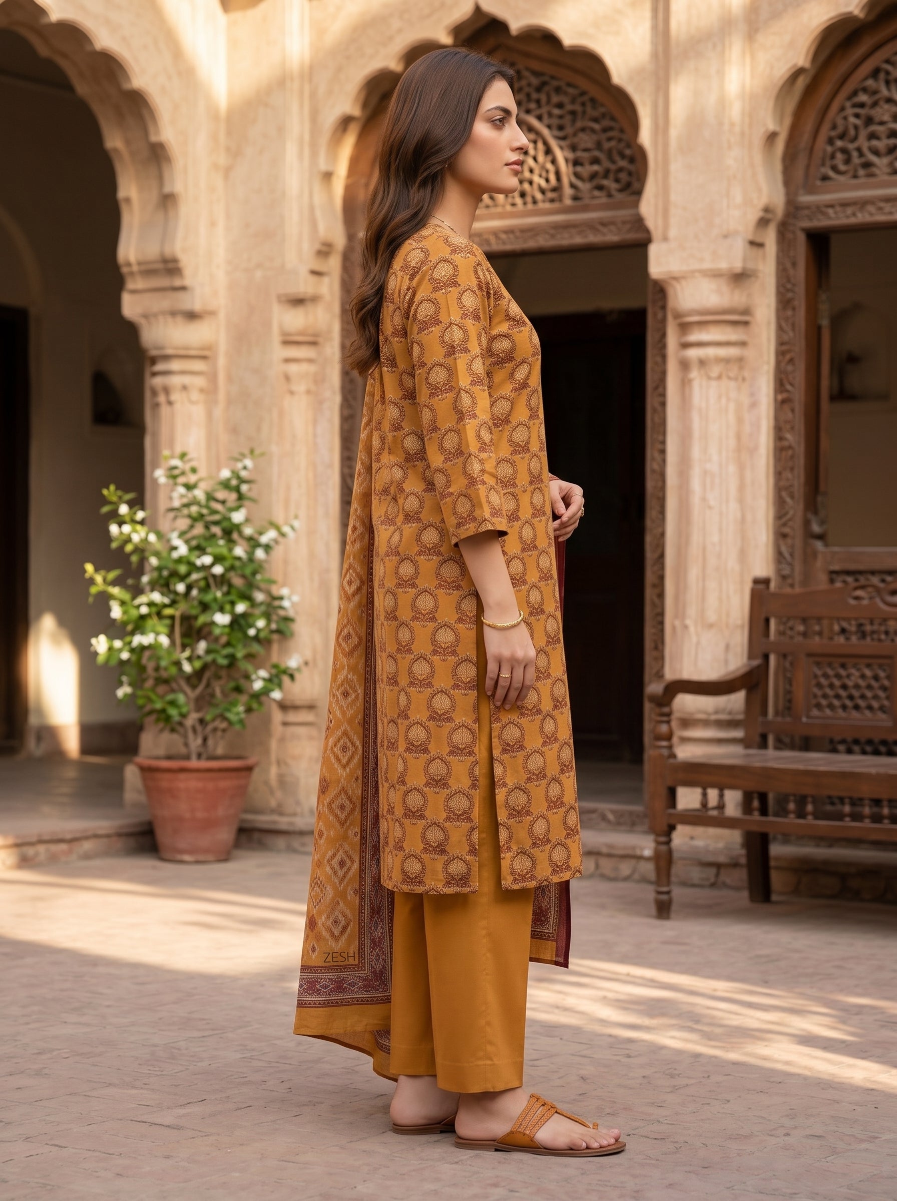 Zesh Mustard Printed Lawn 3 Piece Suit