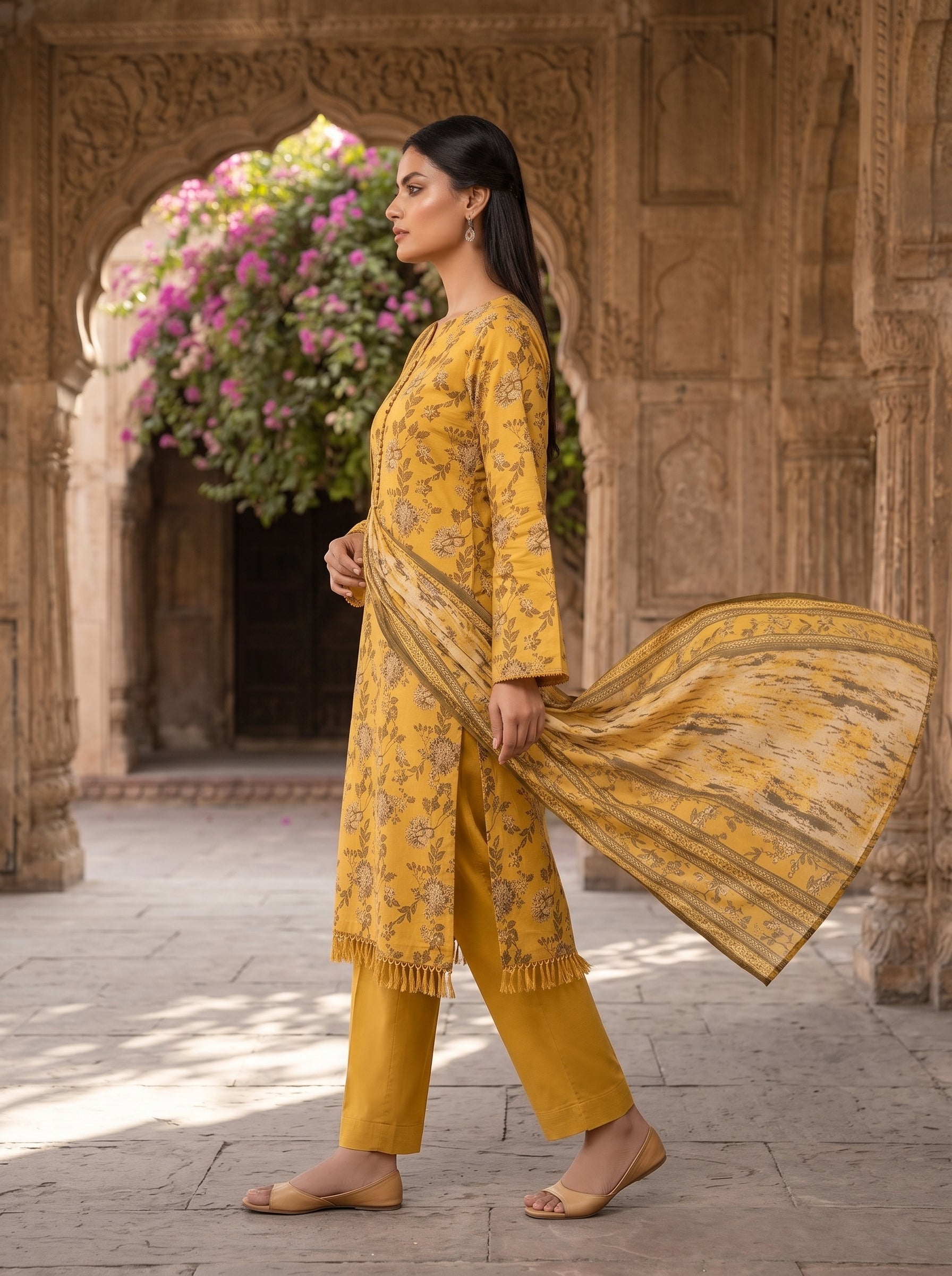 Zesh Mustard Floral Printed Lawn 3 Piece Suit