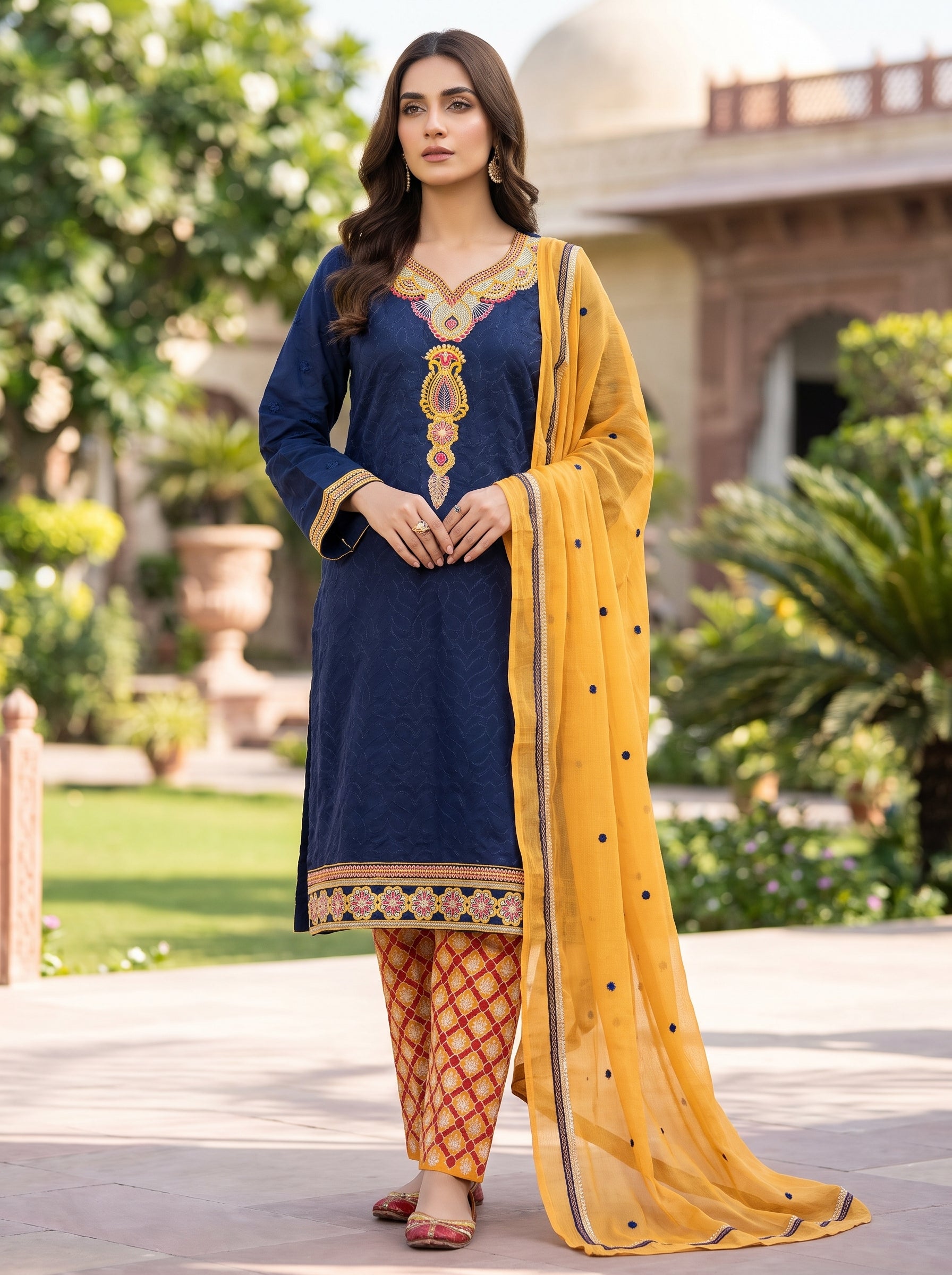 Morning Show Style Navy Blue Embroidered Unstitched 3 Piece Suit with Mustard Dupatta