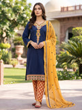 Morning Show Style Navy Blue Embroidered Unstitched 3 Piece Suit with Mustard Dupatta