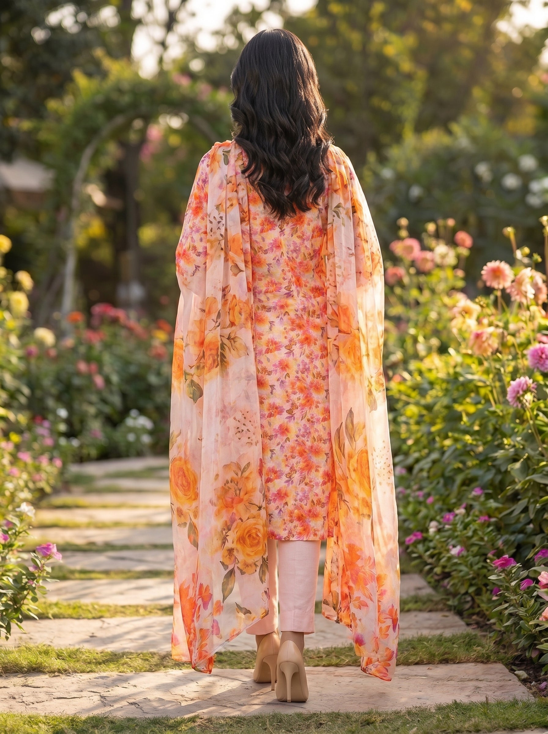 3 Piece Peach Floral Lawn Suit