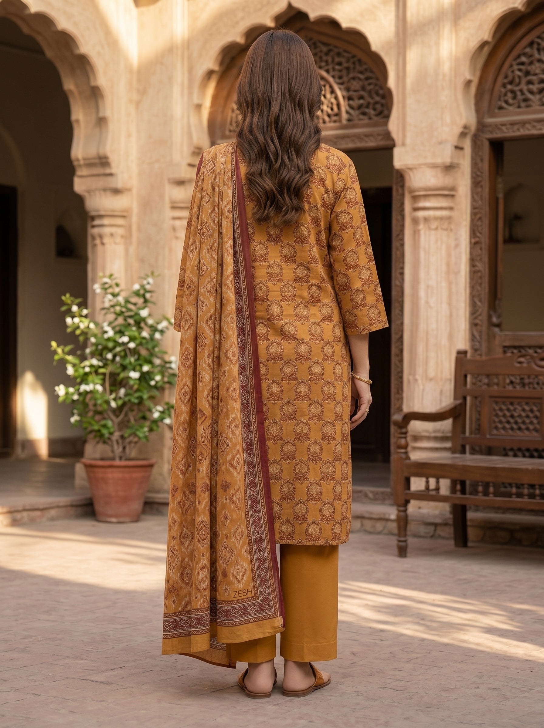 Zesh Mustard Printed Lawn 3 Piece Suit