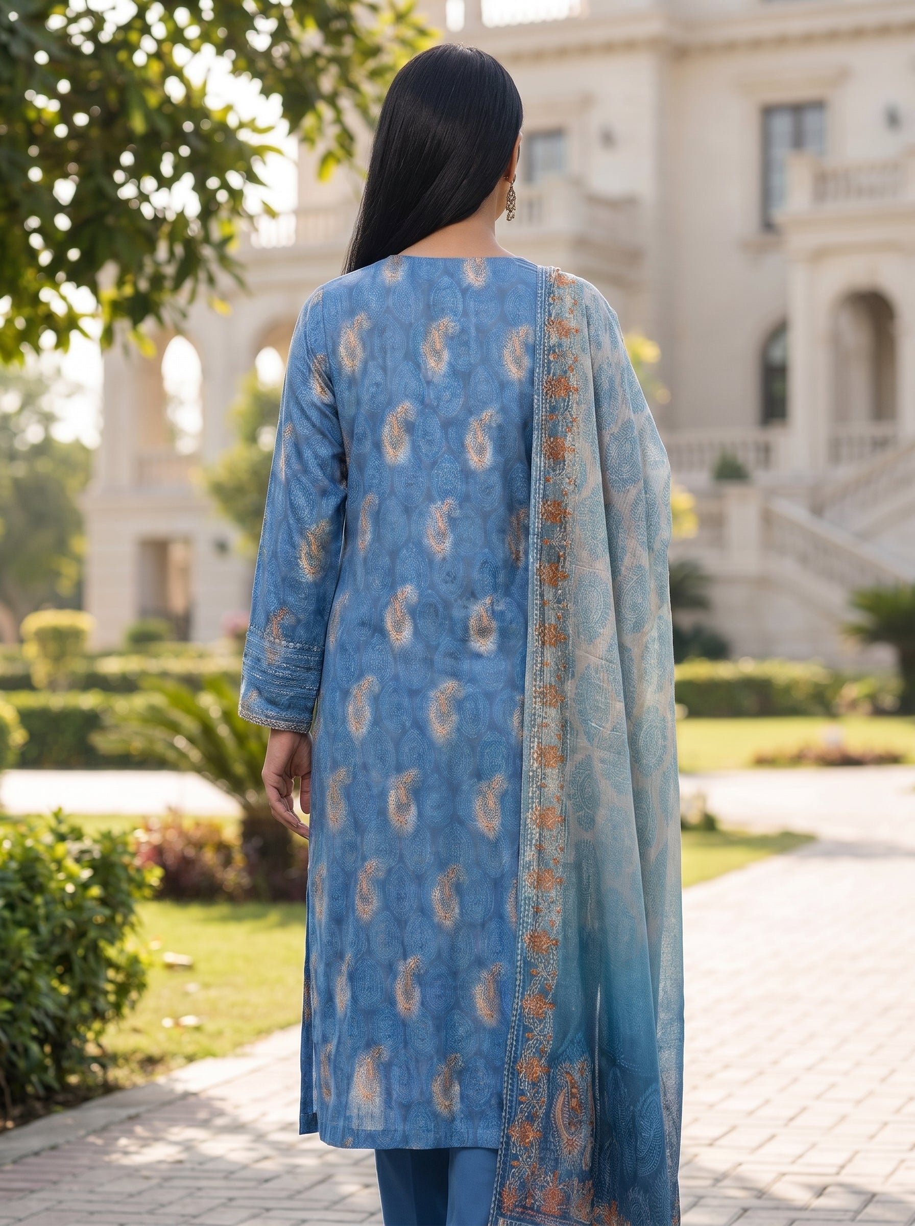 3 Piece Blue Lawn Suit
