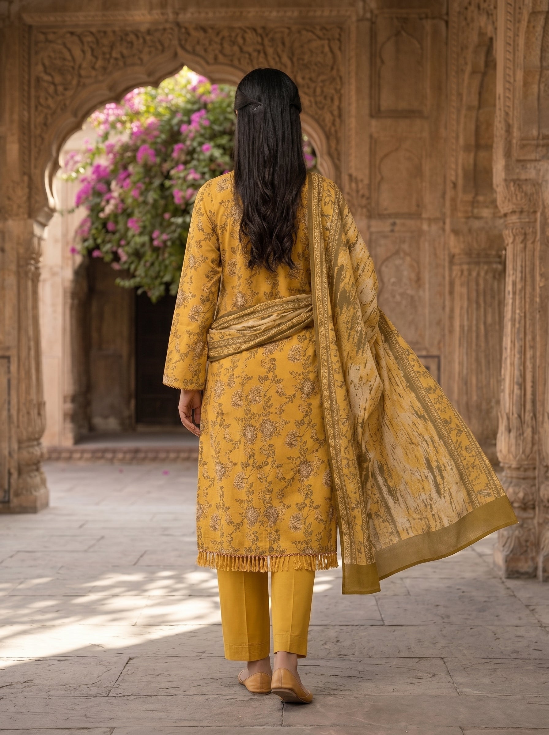 Zesh Mustard Floral Printed Lawn 3 Piece Suit