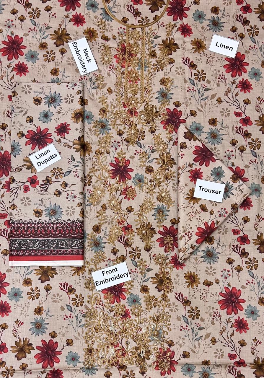 Sapphire Embroidered Printed Linen 3-Piece Suit