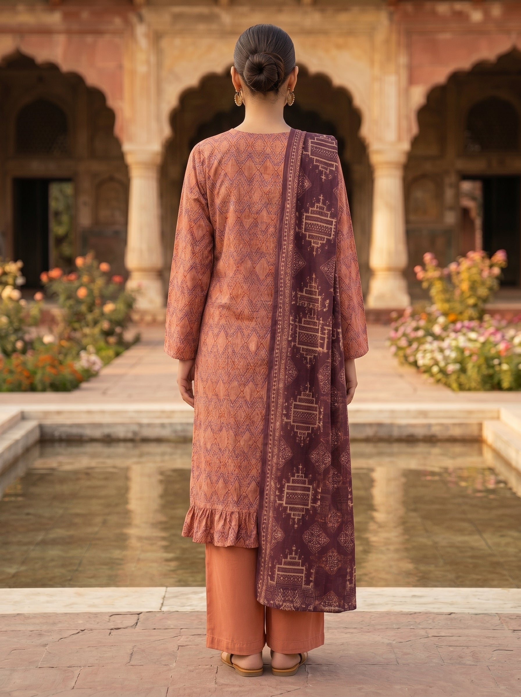 Zesh Peach Printed Lawn 3 Piece Suit